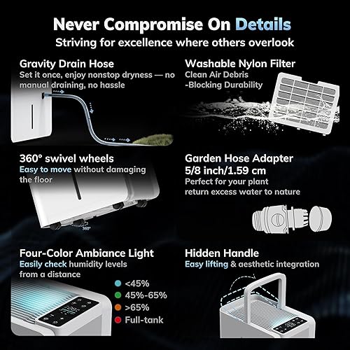 Miniatura 7 de Deshumidificador de sótano de 3500 pies cuadrados, deshumidificador de manguera de drenaje AEOCKY Max de 50 pintas/D para el hogar, dormitorio,