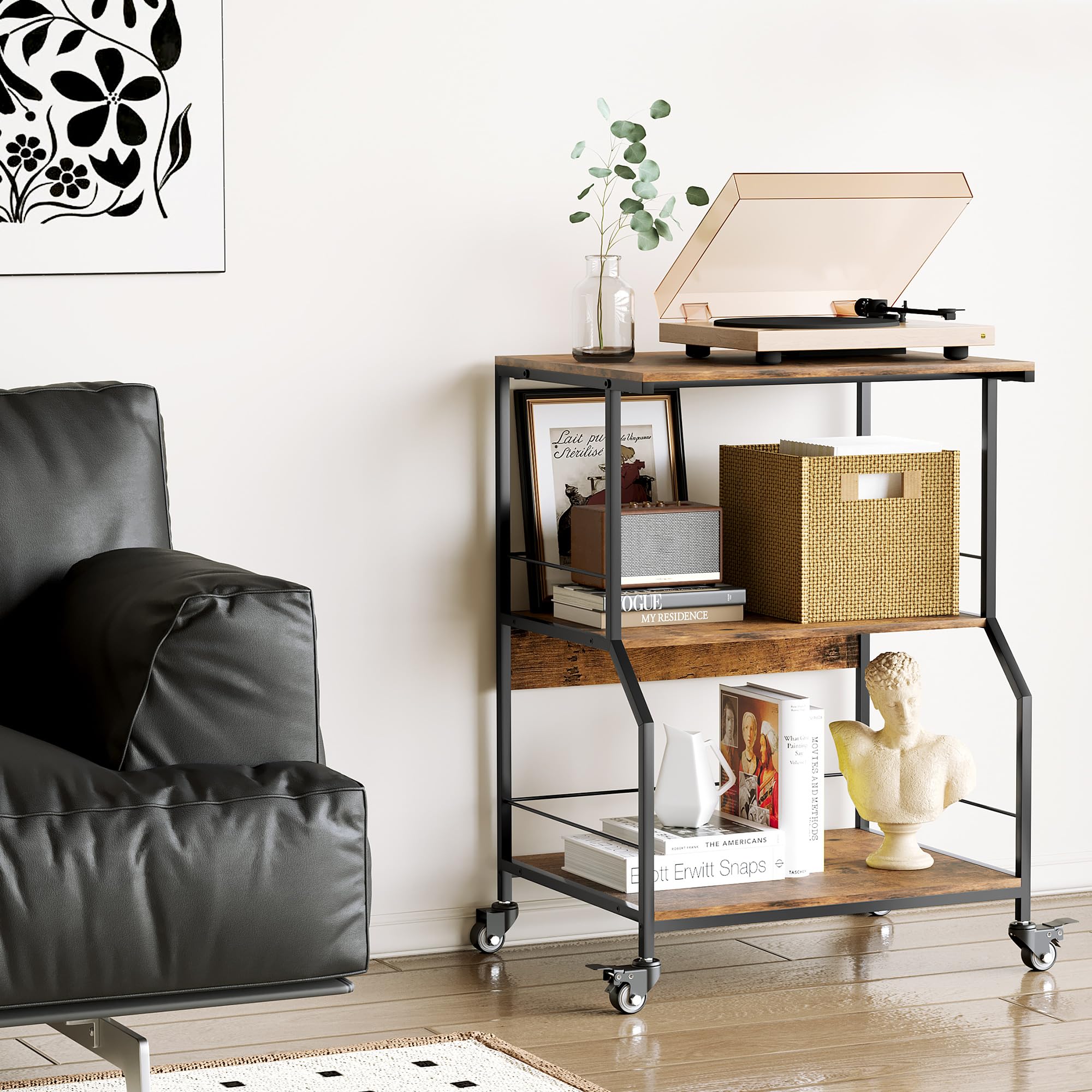 TQVAI Druckertisch mit Rollen 3-Stufig Groß Holz Druckerständer Schreibtisch Aufbewahrungsregal Printer Table für Zuhause Büro Küche Schule, Schwarz/Antik
