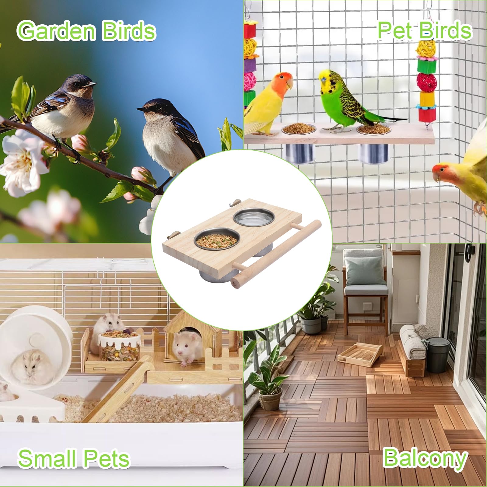 VOSSOT Bol d'alimentation pour Oiseaux Mangeoire Perroquet en Acier Inoxydable, Oiseaux Perches Jouets pour Oiseauxs à Marcher Bois Perchoirs Décoration des Cages à Oiseauxs Perruche et Perroquet