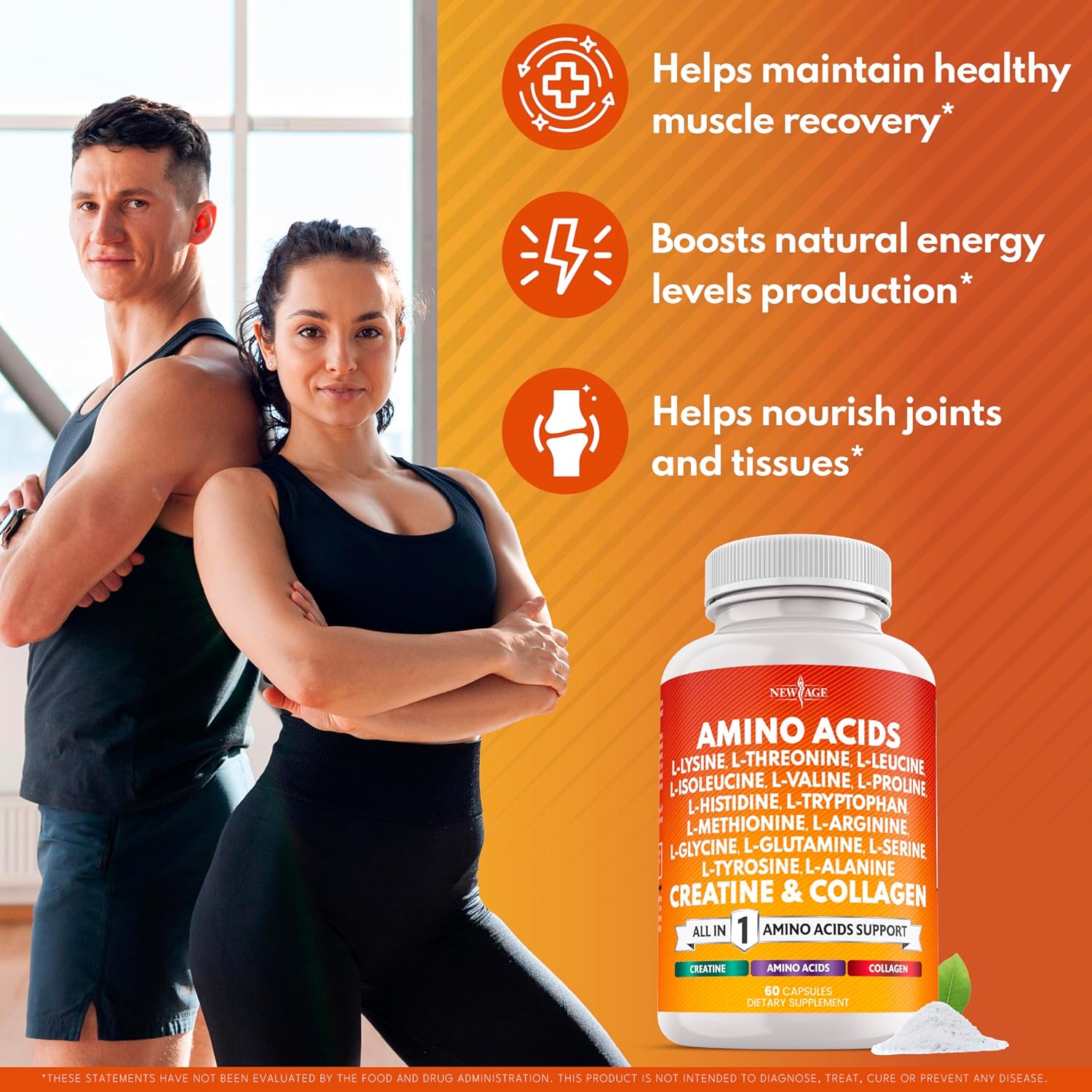 NEW AGE Amino Acids Supplement L-Lysine, L-Threonine, L-Leucine, Isoleucine, Valine, L-Histidine, L-Tryptophan, L-Methionine, L-Arginine, L-Cysteine, L-Glutamine, L-Serine, Aspartic Acid- 120 Count