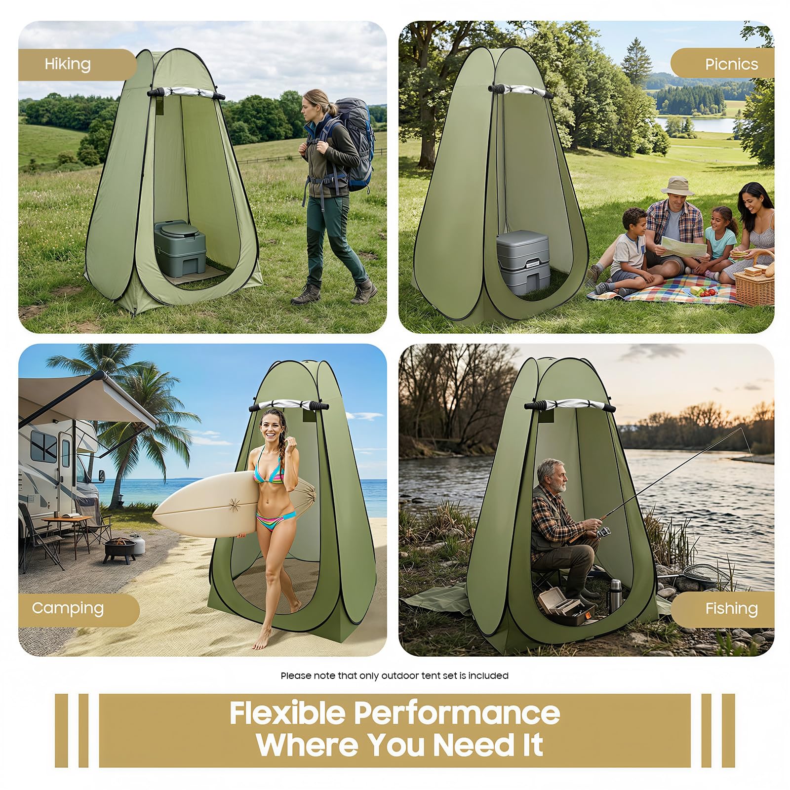 Tente de douche de camping pour 1 homme, tente de toilette, cabine de douche mobile avec auvent, tente d'appoint, tente WC, verte