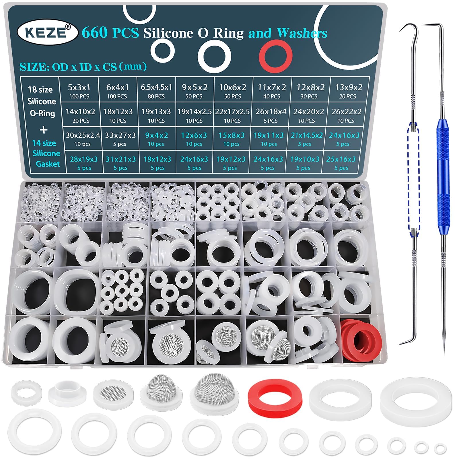 KEZE 660 PCS 18 Size Clear Food Grade Silicone O Ring Assortment Kit and 14 Size Silicone Washer Set,Silicone O ring for Seal Plumbing Tap Hose
