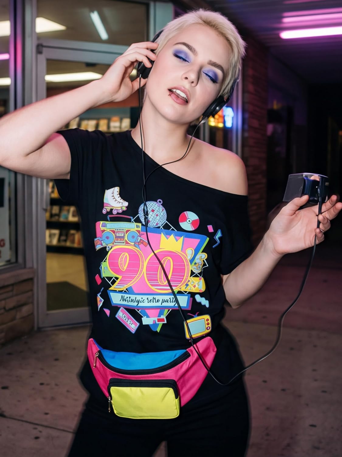 SOMSOC Women 90s Costume Set with Top Bucket Hat Glasses Chain Earrings Bag Rapper Accessories for Retro Disco Cosplay Party