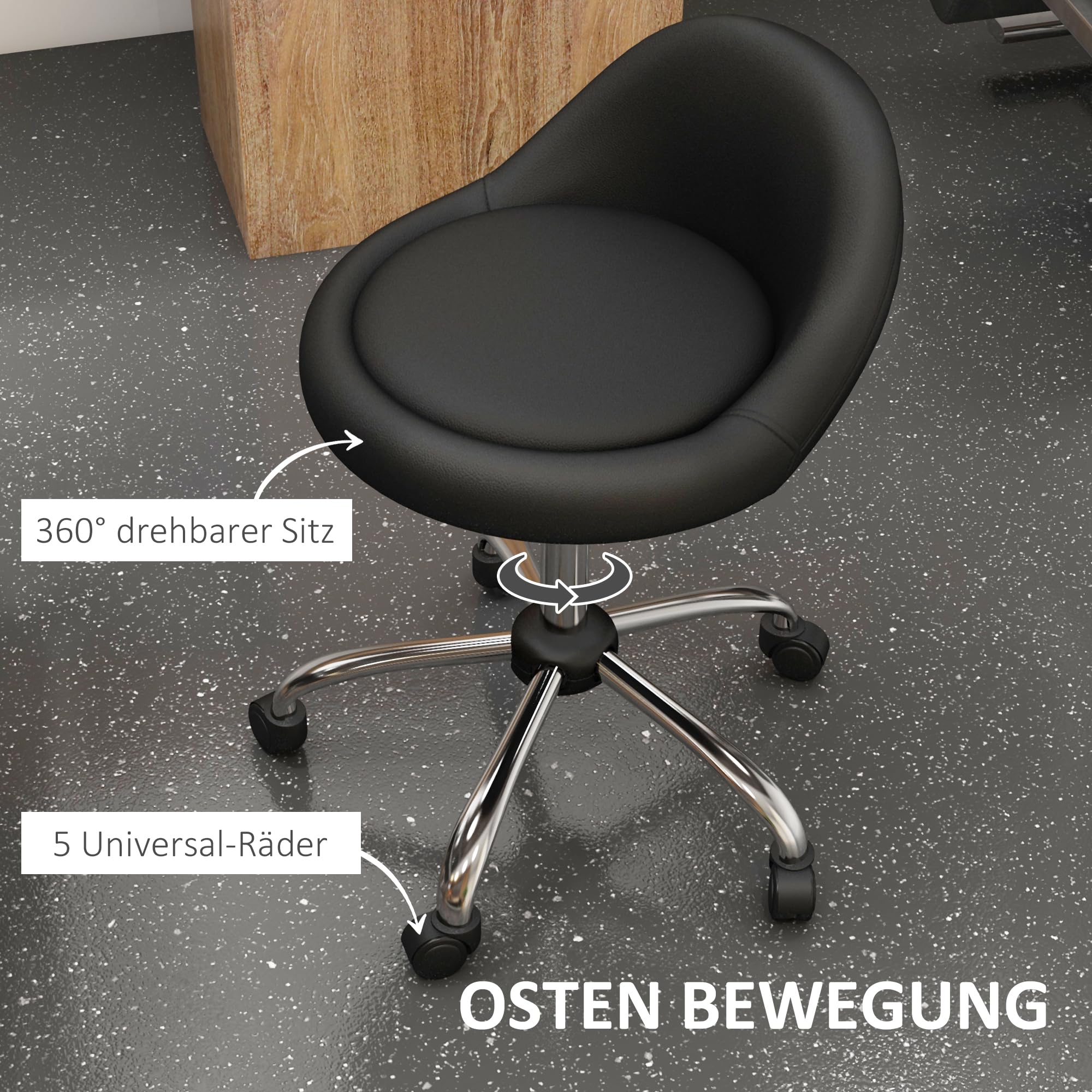 HOMCOM Rollhocker Höhenverstellbar 63-83 cm Drehbar mit Rädern Schwarz