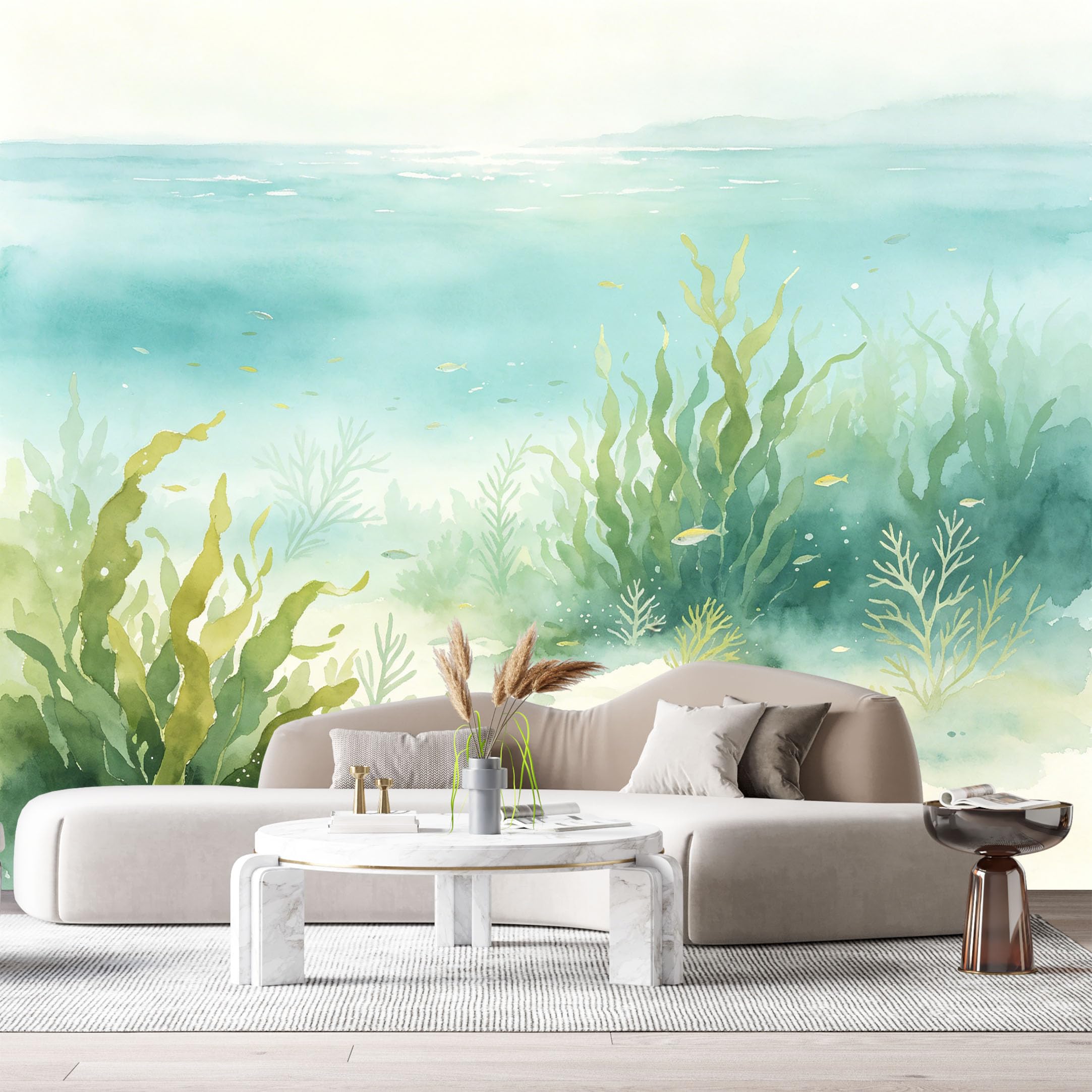 Custom Size Wall Murals Ocean Marine Watercolor Underwater Seaweed Coral Reef SelfAdhesiveWall Fabric Removable Wallpaper Wall Decor for Living Room Bedroom Bathroom
