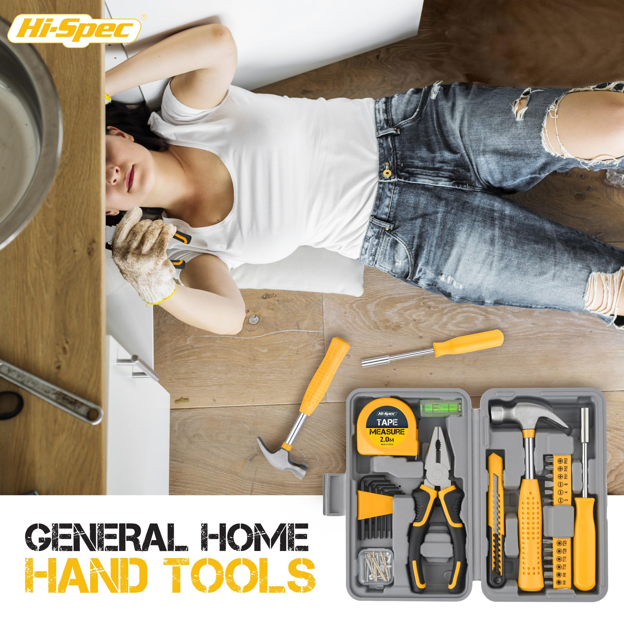 Hi-Spec Set Attrezzi, Cassetta Attrezzi Completa Compatta per Casa e Ufficio, Kit Fai da Te per Riparazioni Domestiche di Base, 25 Pezzi in Valigetta Portatile, Giallo