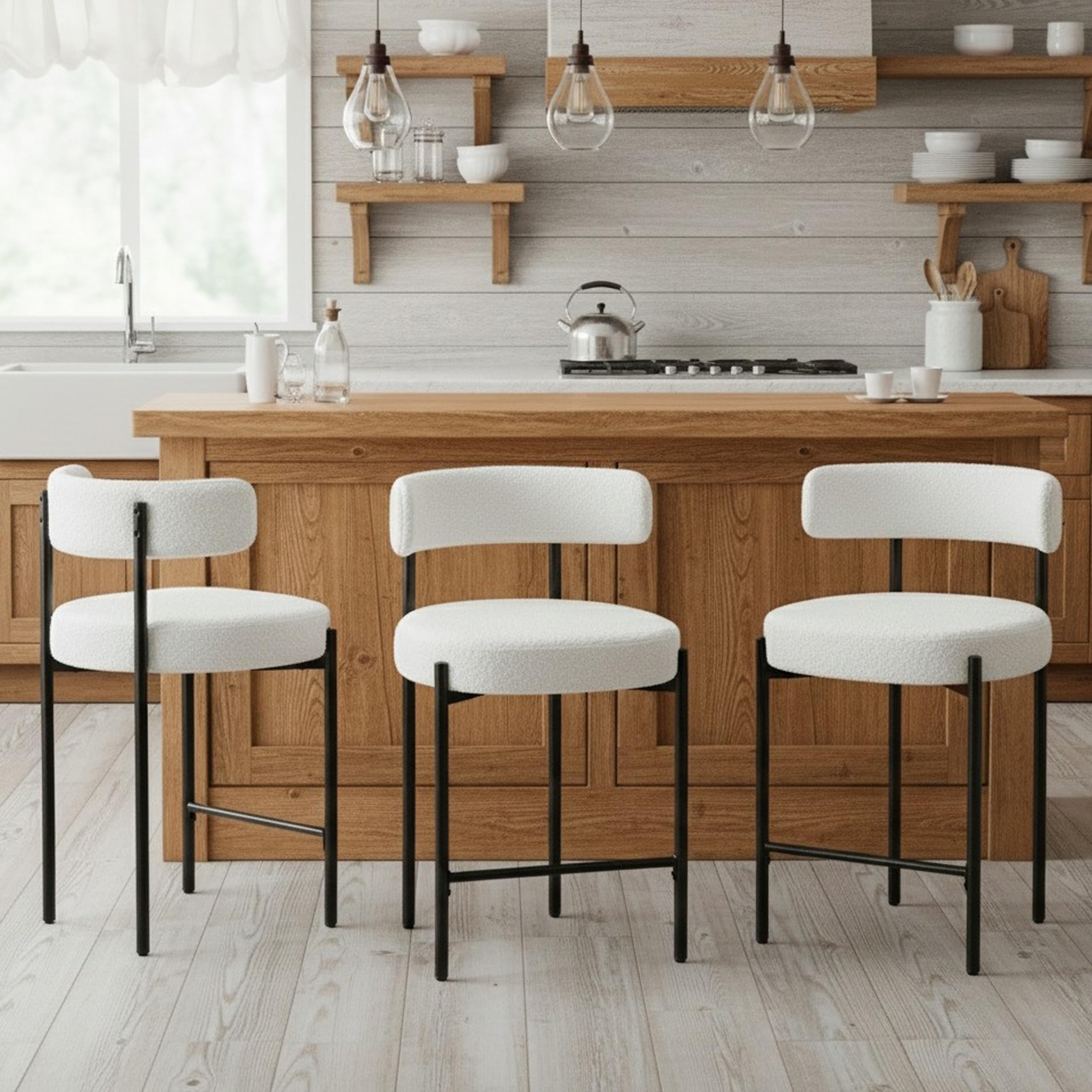 Forsalund Counter Height Bar Stools, 24'' White Bar Stools Set of 3, Boucle Barstools with Back, Mid-Century Modern Bar Chairs for Kitchen Island,