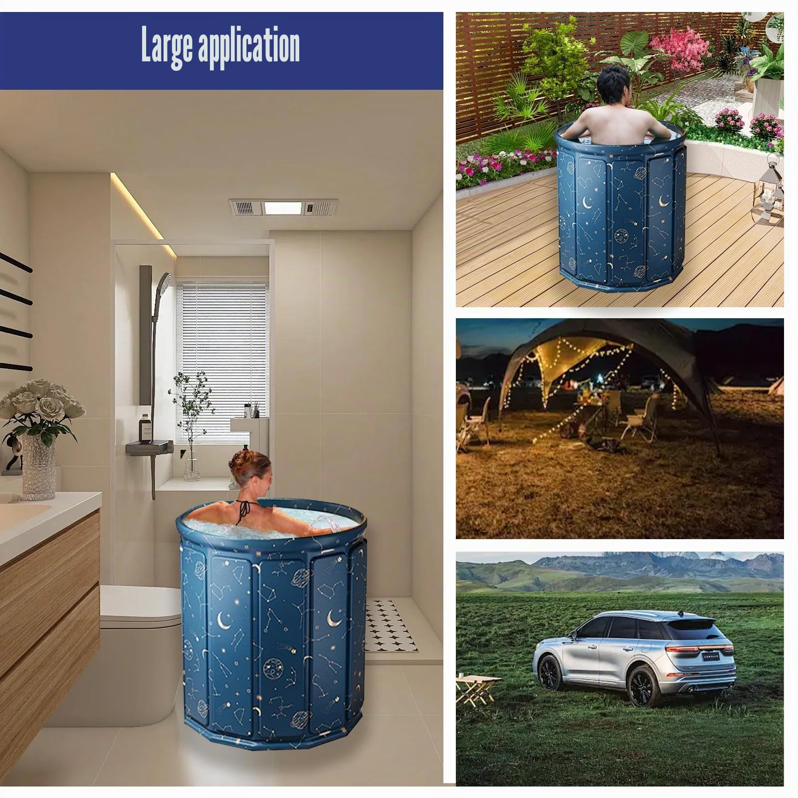 Baignoire de trempage pliable 80 x 65 cm pour adultes, avec coussin d'assise, tuyau d'évacuation et sac de rangement, parois isolées pour la conservation de la chaleur, double trous de drainage, peu
