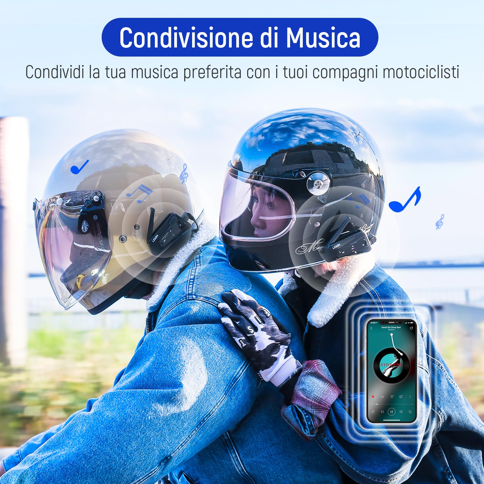 LEXIN MeshCom Interfono Moto - Bluetooth 5.0 Interfono per Casco con Condivisione Musica, Multitasking Audio, IP67,Mesh 3.0 Sistema di Comunicazione per 24 Motociclisti, Batteria da 1100mAh, Doppio