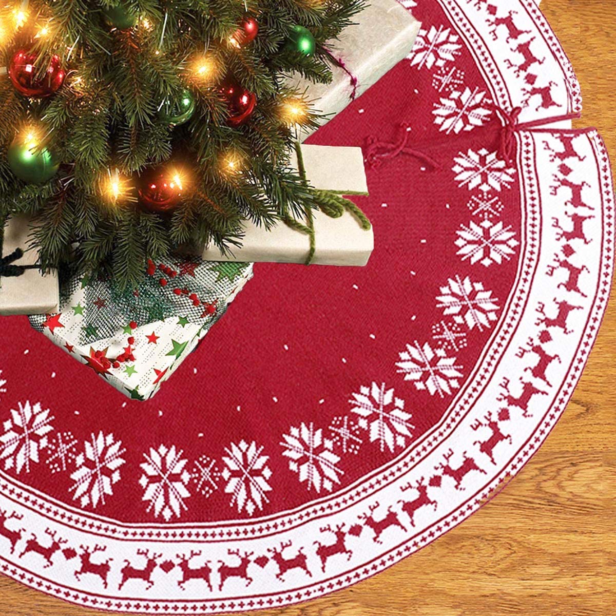 89,9 cm kerstboomrok, eland- en sneeuwvlokpatroon, grote maat kerstboomrok, kabelgebreide haak, comfortabele kerstdecoratie voor de kerstvakantie