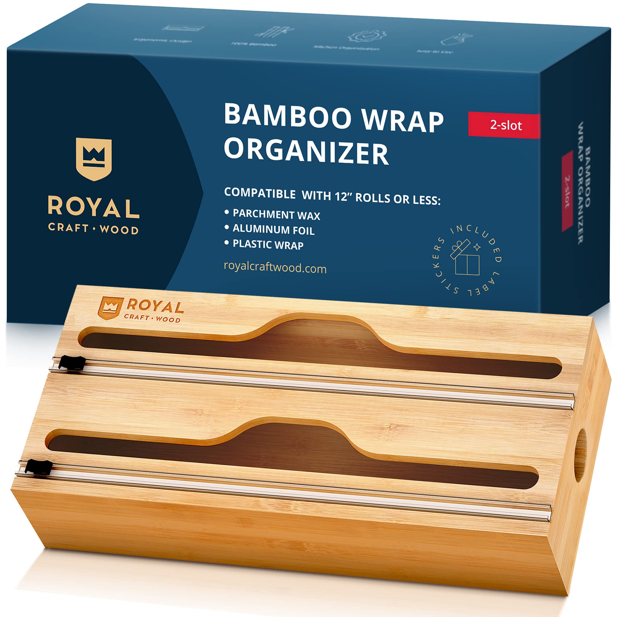 ROYAL CRAFT WOOD Bamboo Kitchen Foil and Plastic Wrap Organizer for Drawer with Cutter 2-Slots Wrap Organizer, 2-slots