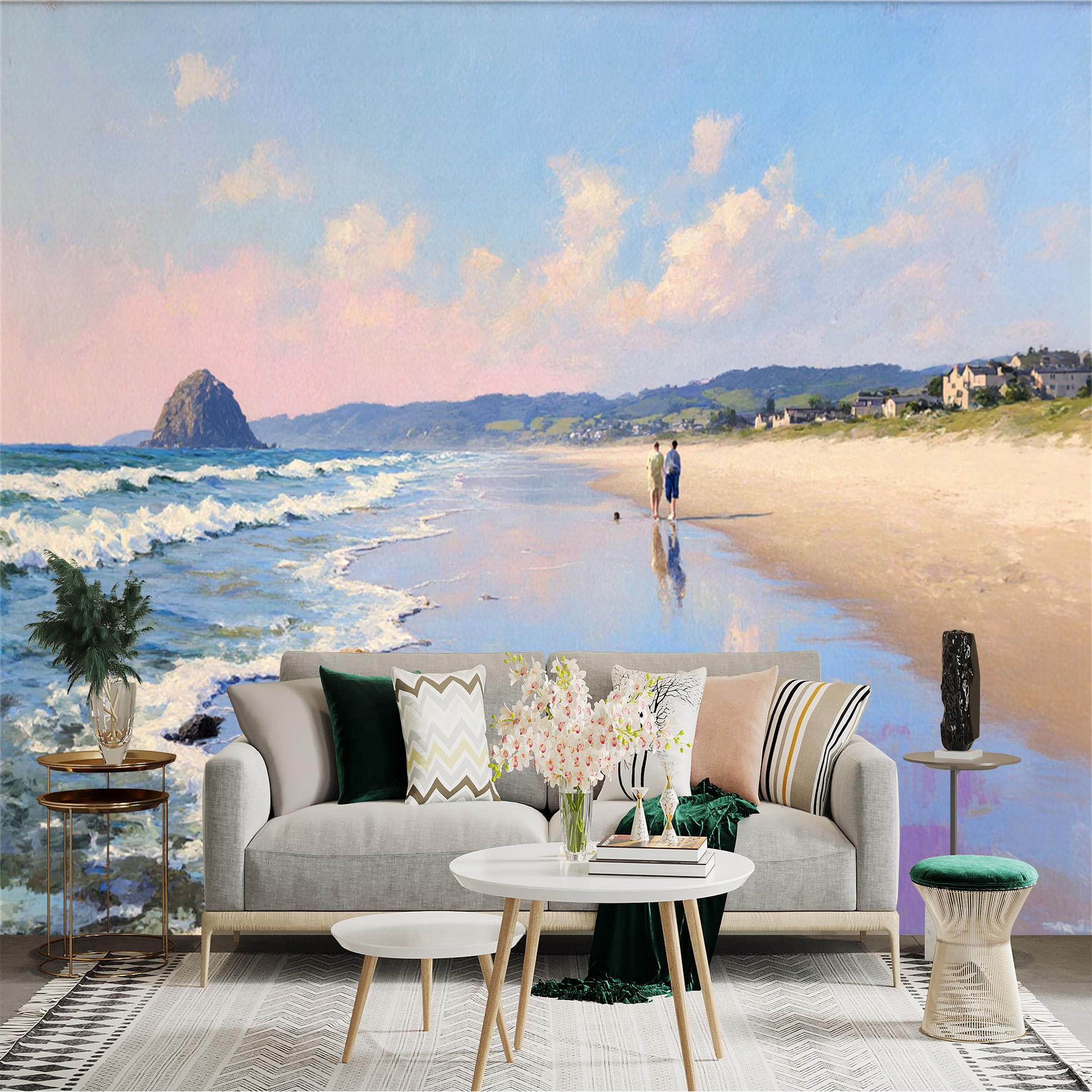 Lnzczhyre Xc260505172 Custom Size Wall Sticker Mural， Serene Beach Landscape， Couple Walking By The Ocean， Peaceful Seaside View， Calming Coastal Scenery， For Wall Decoration， Peelandstick Wall Decals.