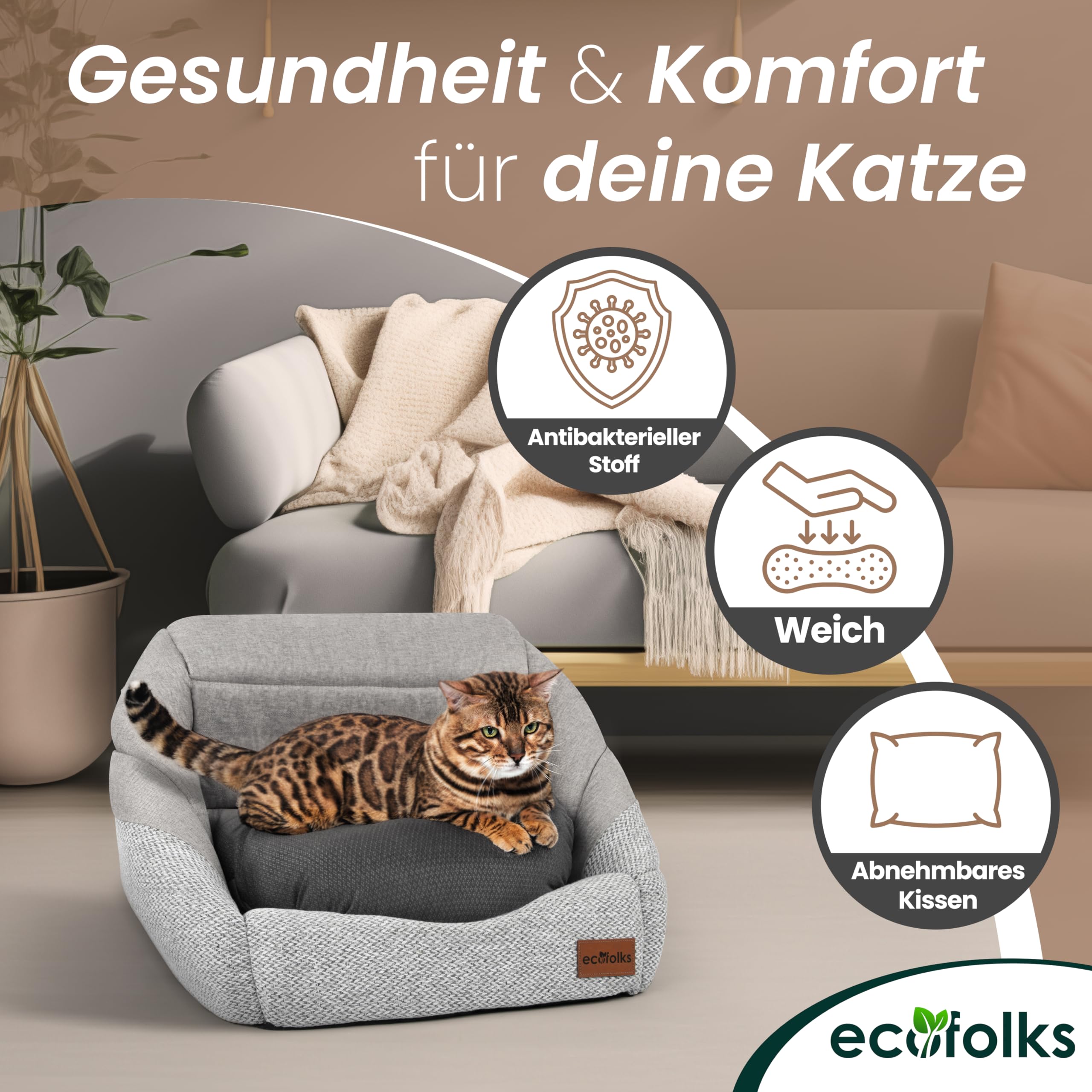 3in1 antibakterielles Katzenbett, Katzenhöhle | Sofa & Kuschelbett – wandelbar, stylisch & platzsparend | Perfekt für Moderne Wohnräume