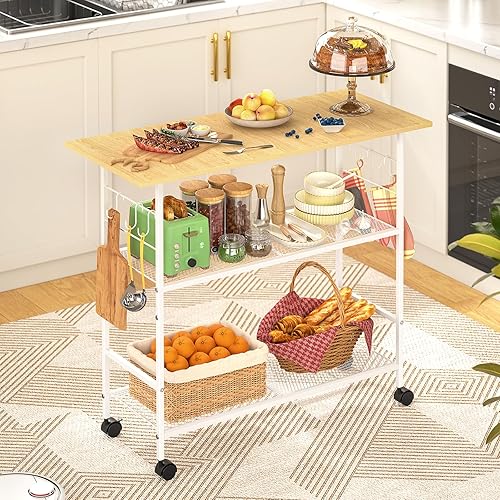 Miniatura 9 de Isla de cocina con 3 estantes, carrito de cocina rodante con 6 ganchos y estante protector, soporte de microondas con ruedas bloqueables, estante