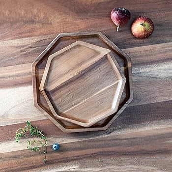 Amazon｜木製トレイ 木製トレー お盆 丸 八角形 アカシア天然木製 卓上