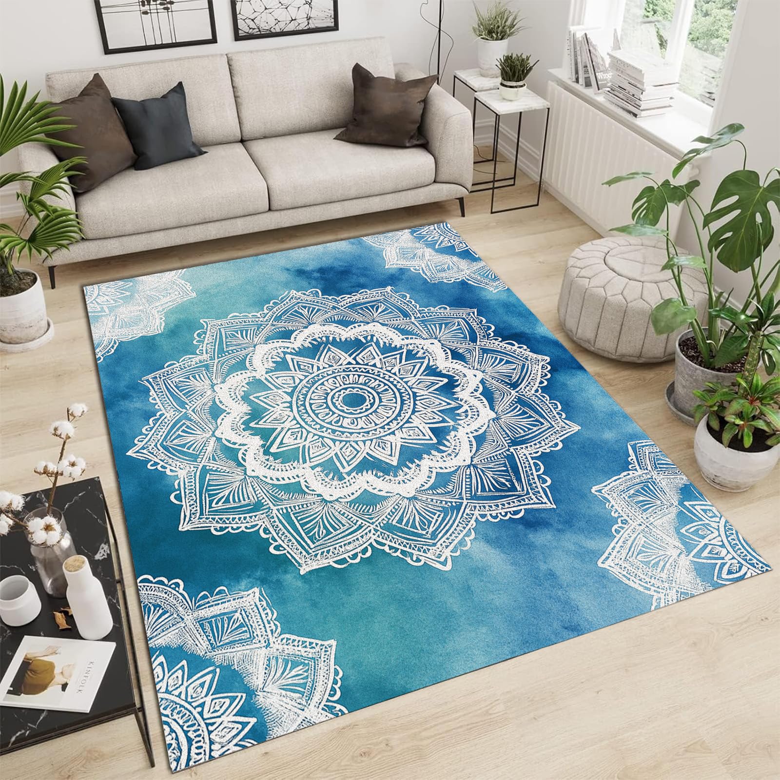 Tapis salon moderne bleu mandala 140x200cm grand tapis chambre doux