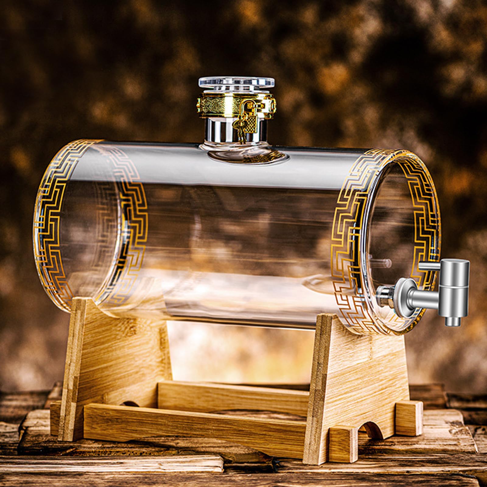 Glas Weinfass mit Hahn, Whisky Dekanter Set mit Ständer, Fassförmiger Getränkespender aus Glas 3-5L, Liquor Dispenser, Glaskaraffe Spender, Ausgießer, Spender für Whisky, Brandy, Säfte, Limonade (E)