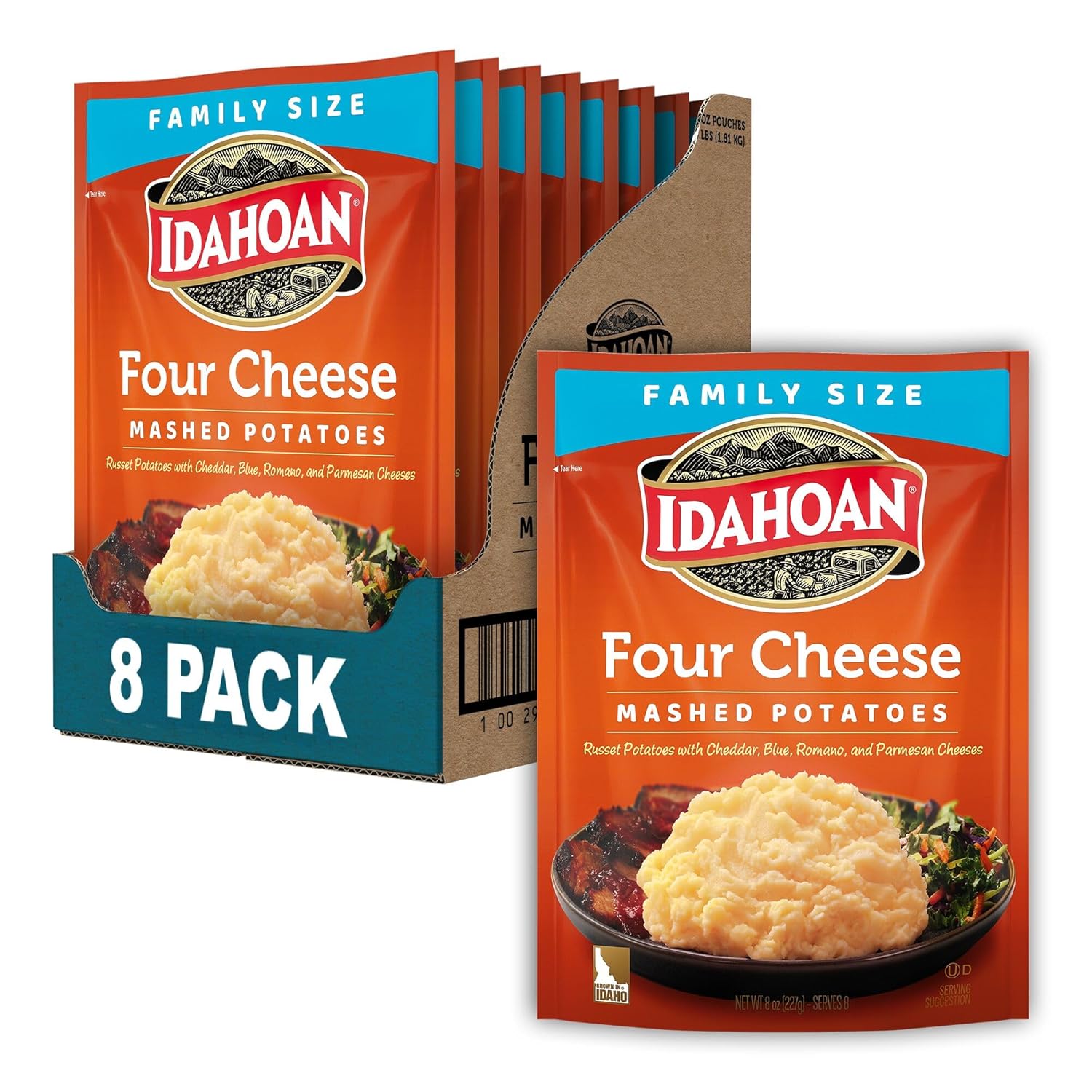 Idahoan Four Cheese Mashed Potatoes Family Size, 8 oz Pouch (Pack of 8)