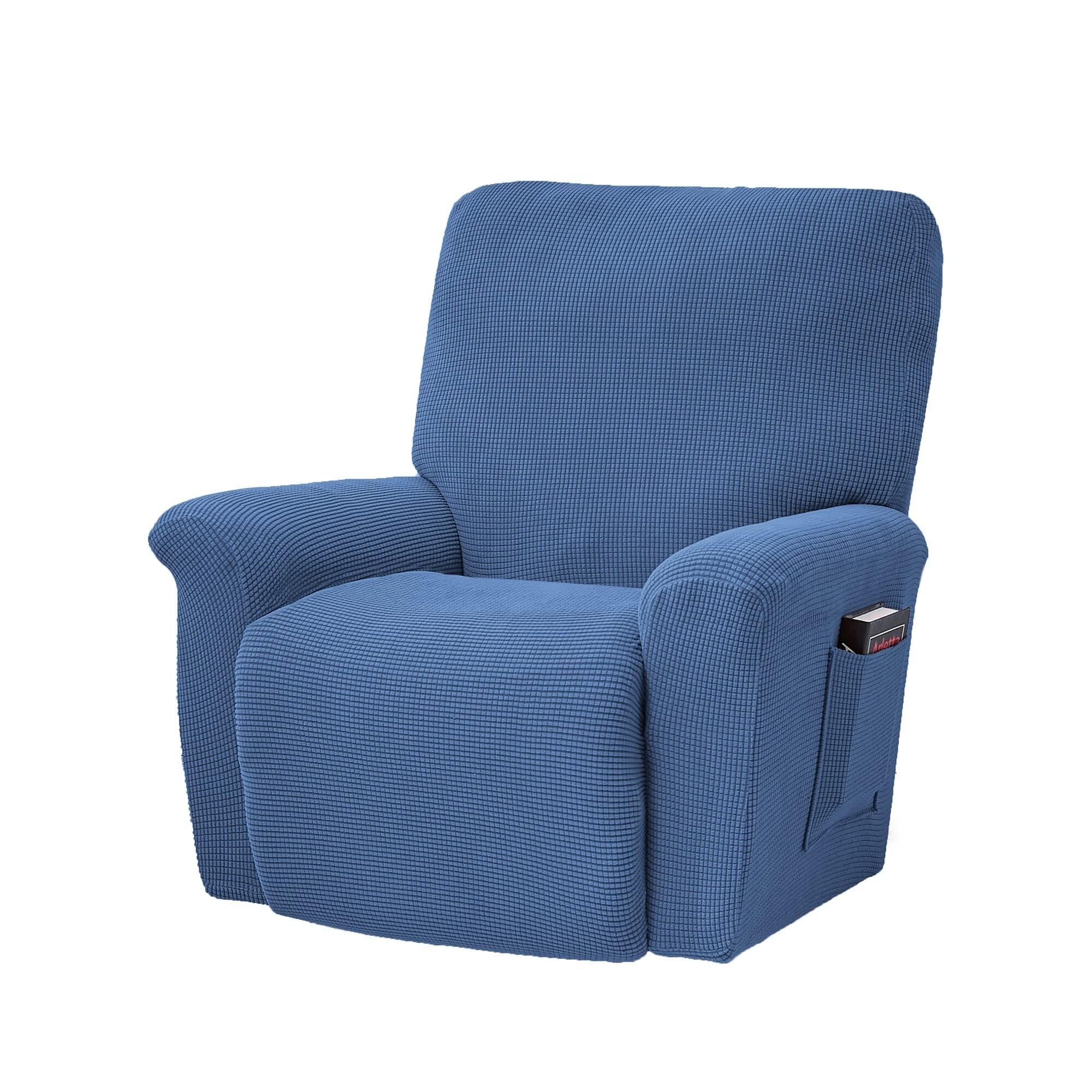 BEIWOSHA Stretch Recliner Chair Covers, 4-Piece Soft Sofa Cover Thick Single Seat Couch Cover Jacquard Recliner Slipcover with Pocket(Grayblue)