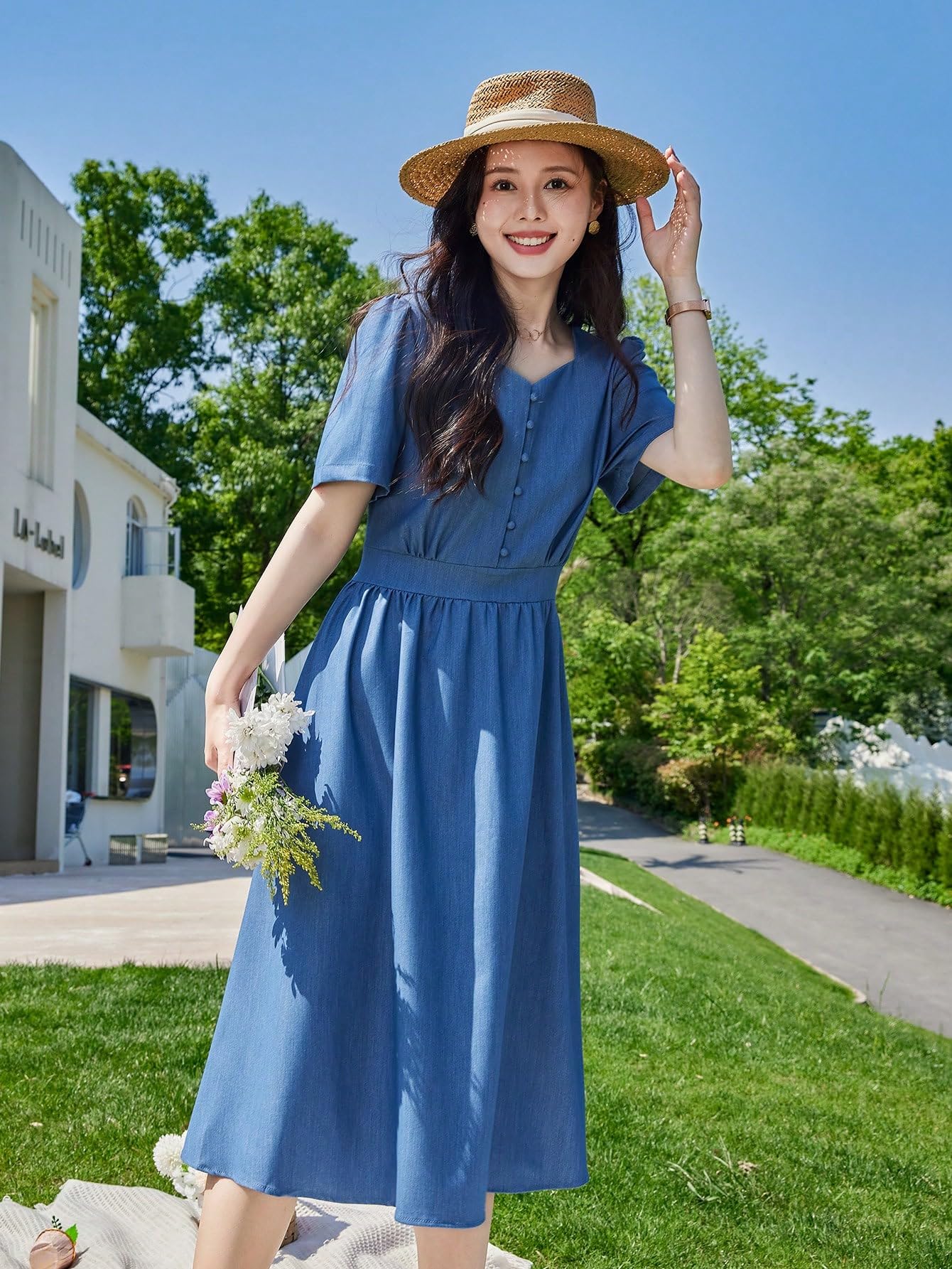 Women's Dresses Solid Button Front Puff Sleeve Dress - Casual V Neck A Line  Midi Dress Dress for Women (Color : Blue, Size : Large) : Amazon.ca:  Clothing, Shoes \u0026 Accessories