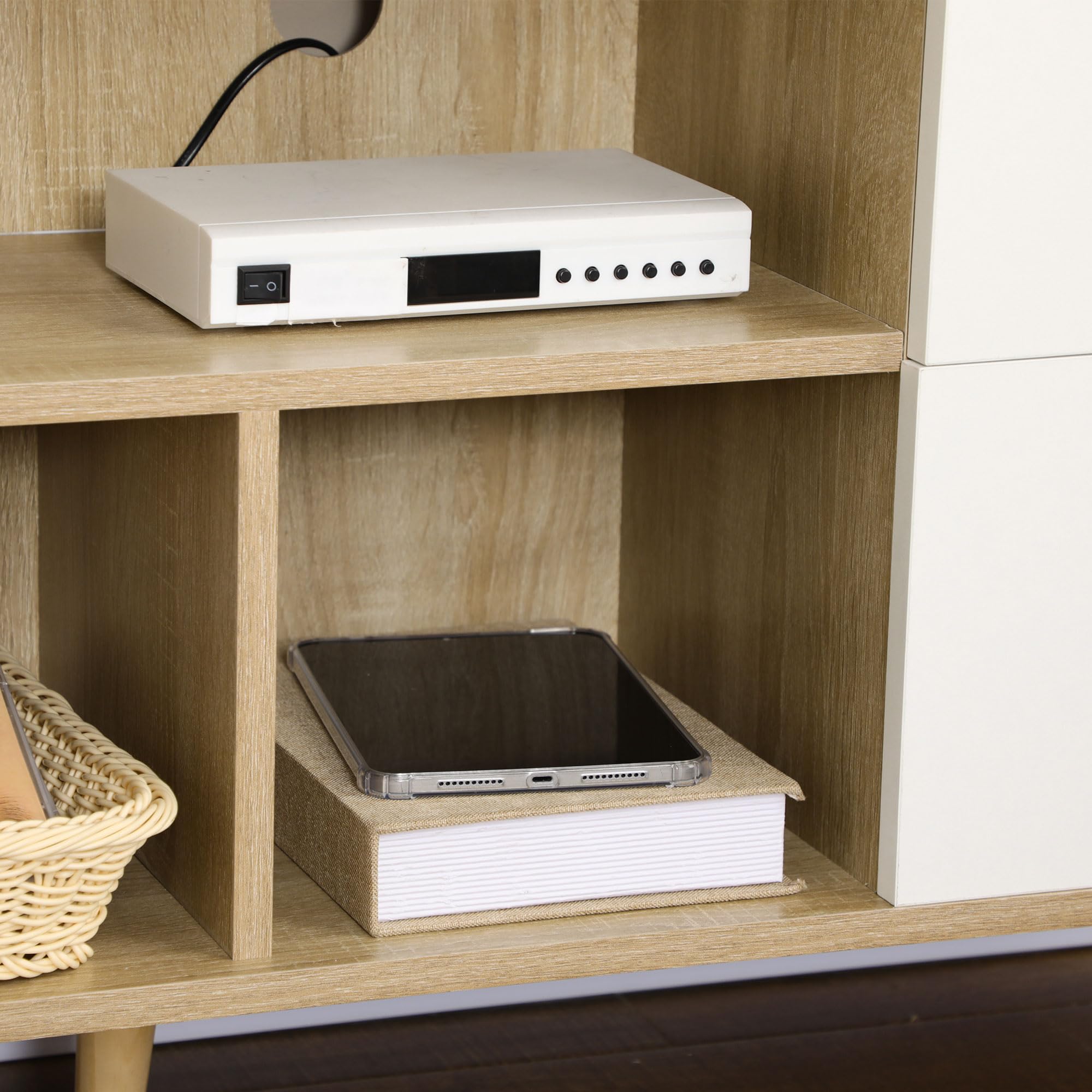 HOMCOM Meuble TV Banc TV jusqu'à 45 Pouces Pattes en Bois Massif 3 Niches | 1 Meuble avec Porte, 2 Tiroirs