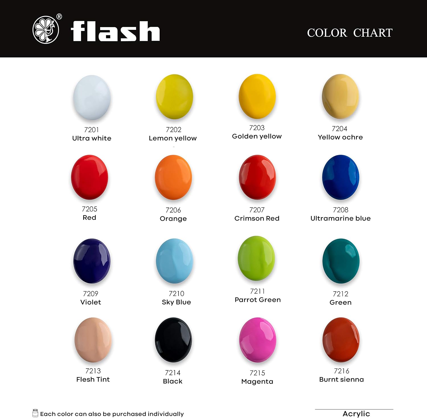 Flash Acrylic Paint Set |16 Colors | 50 ml, 1.7 fl oz Each | High Pigment Strength | Non Fading | Indoor/Outdoor | Non Toxic | Multi-Surface Paint | Pro Artist, Hobby Painters & Kid