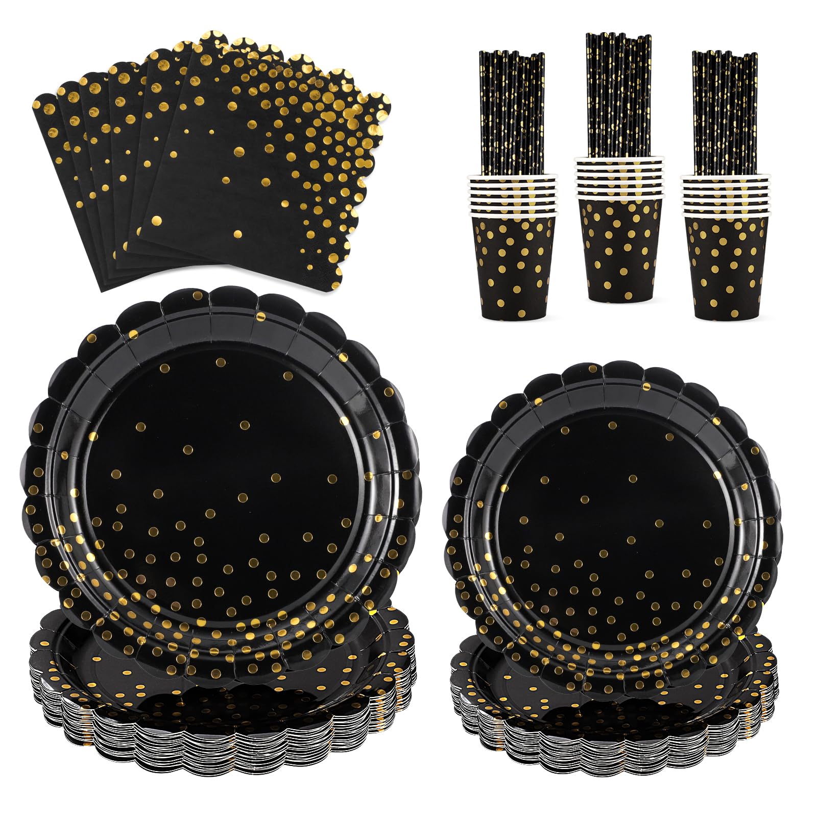 125 PCS Black Gold Plates and Napkins Set include 9" Dinner 7" Cake Plates