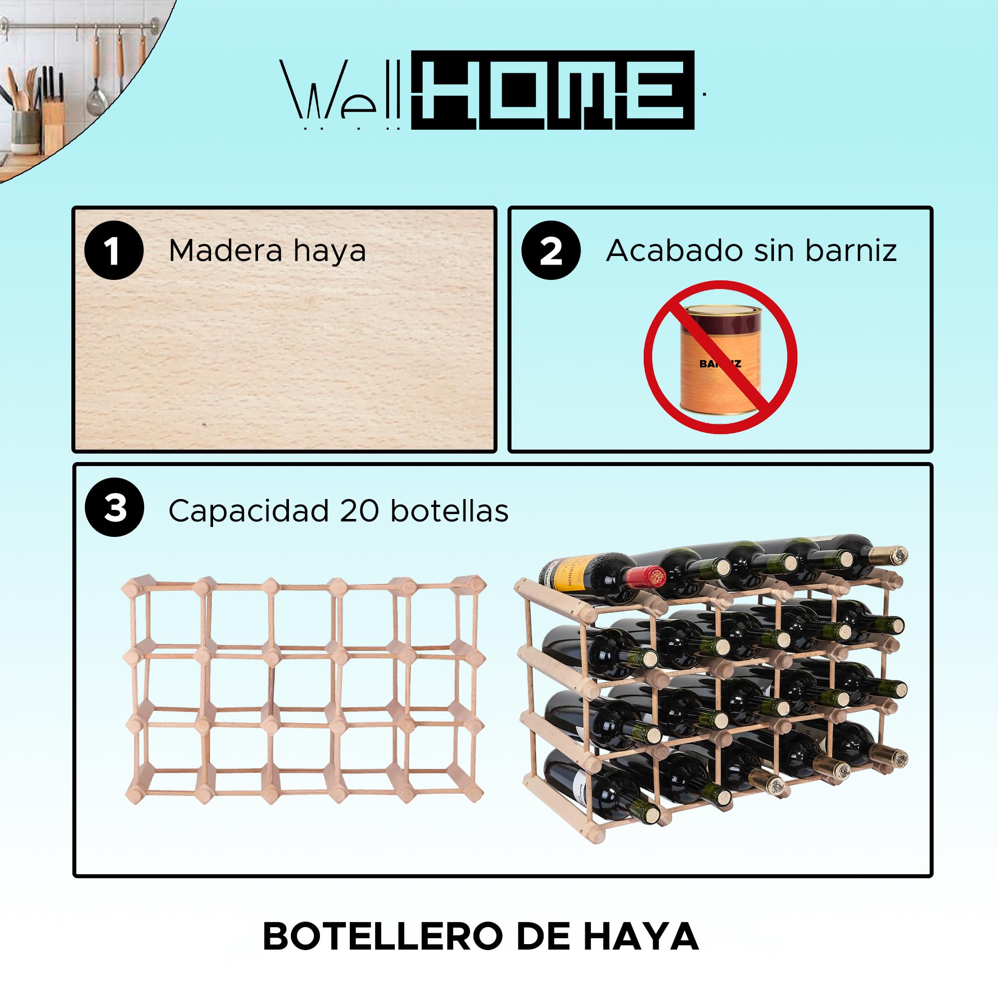 WELL HOME MOBILIARIO & DECORACIÓN Portabottiglie in faggio per 20 bottiglie