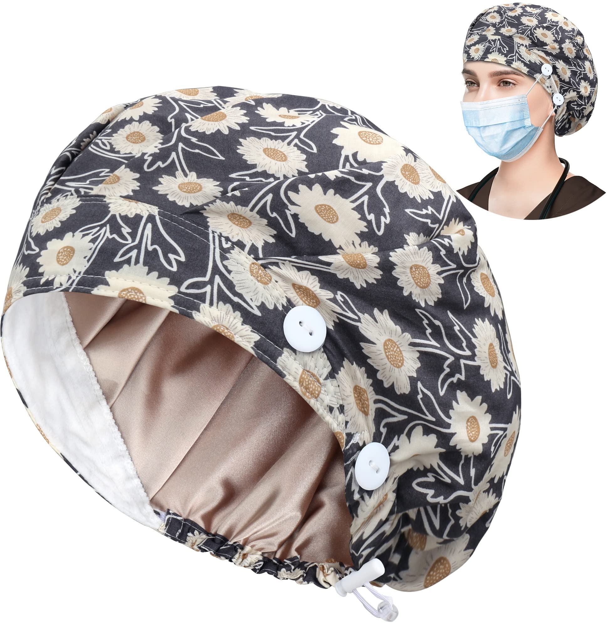 ABAMERICA Bouffant Caps with Button and Sweatband, Adjustable Scrub Caps for Women Men, One Size Multi Color