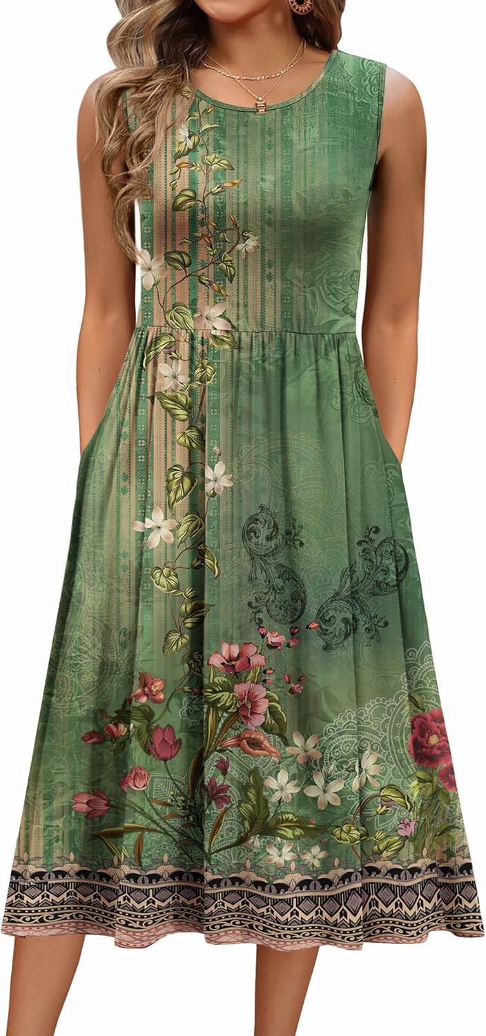 Zeagoo Women Midi Dress Sleeveless Tank Sundress Ethnic Floral Dresses Pockets Casual Crewneck Loose Long Outifts 2025,S
