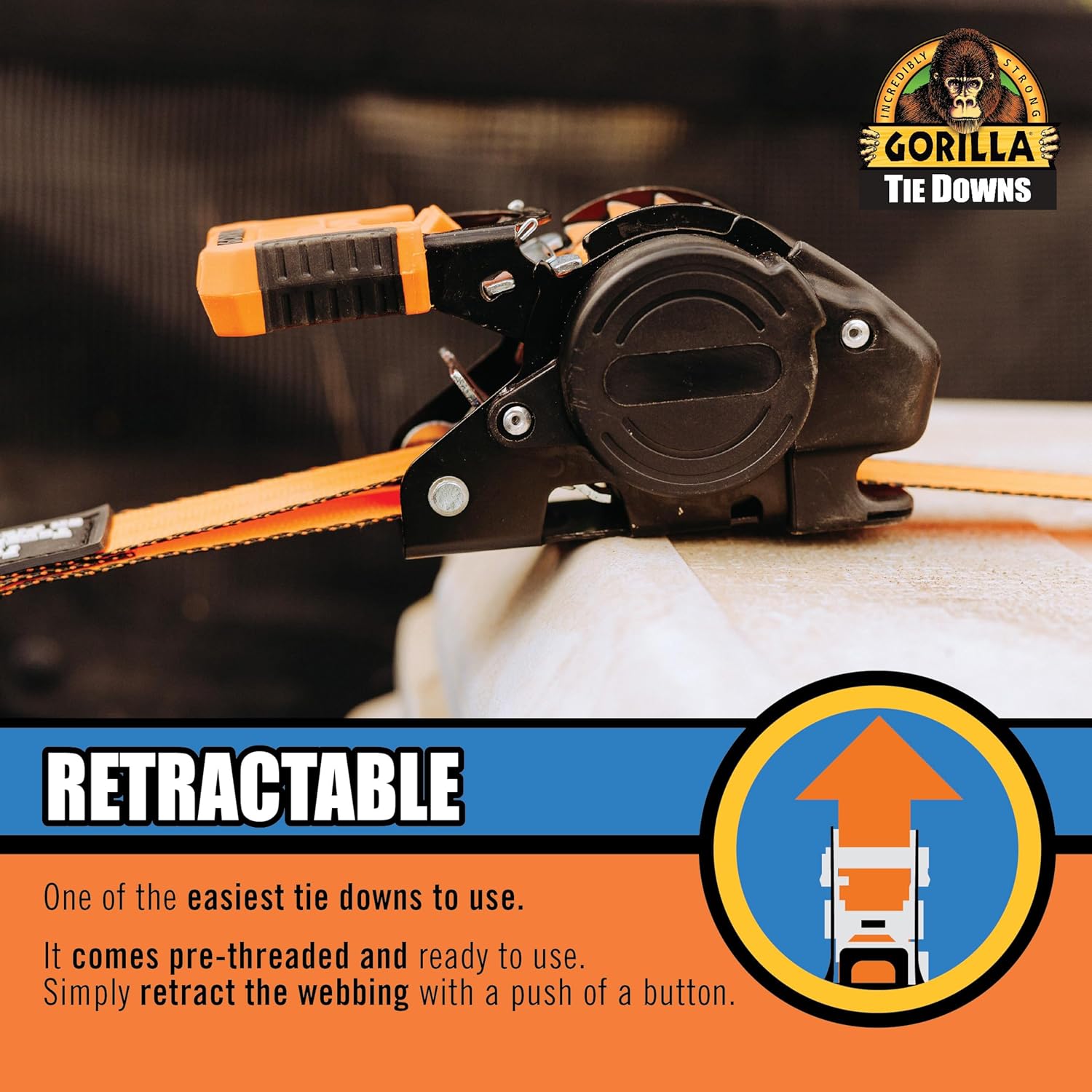Gorilla Ratchet Tie Down Straps (2Pack) 1in x 10ft 1200lb Break Strength, Self-Locking Retractable, Heavy-Duty Orange Webbing, Gorilla-Grip Handles, Cap Locks, E-Coated Ratchets, Vinyl Hooks for Cargo