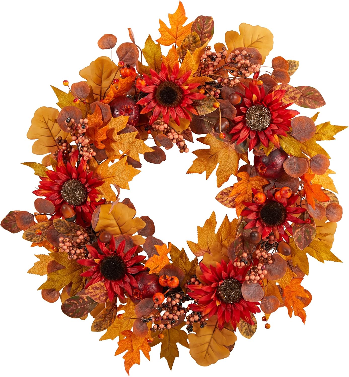 Nearly Natural 30in. Fall Acorn, Sunflower, Berries and Autumn Foliage Artificial Wreath