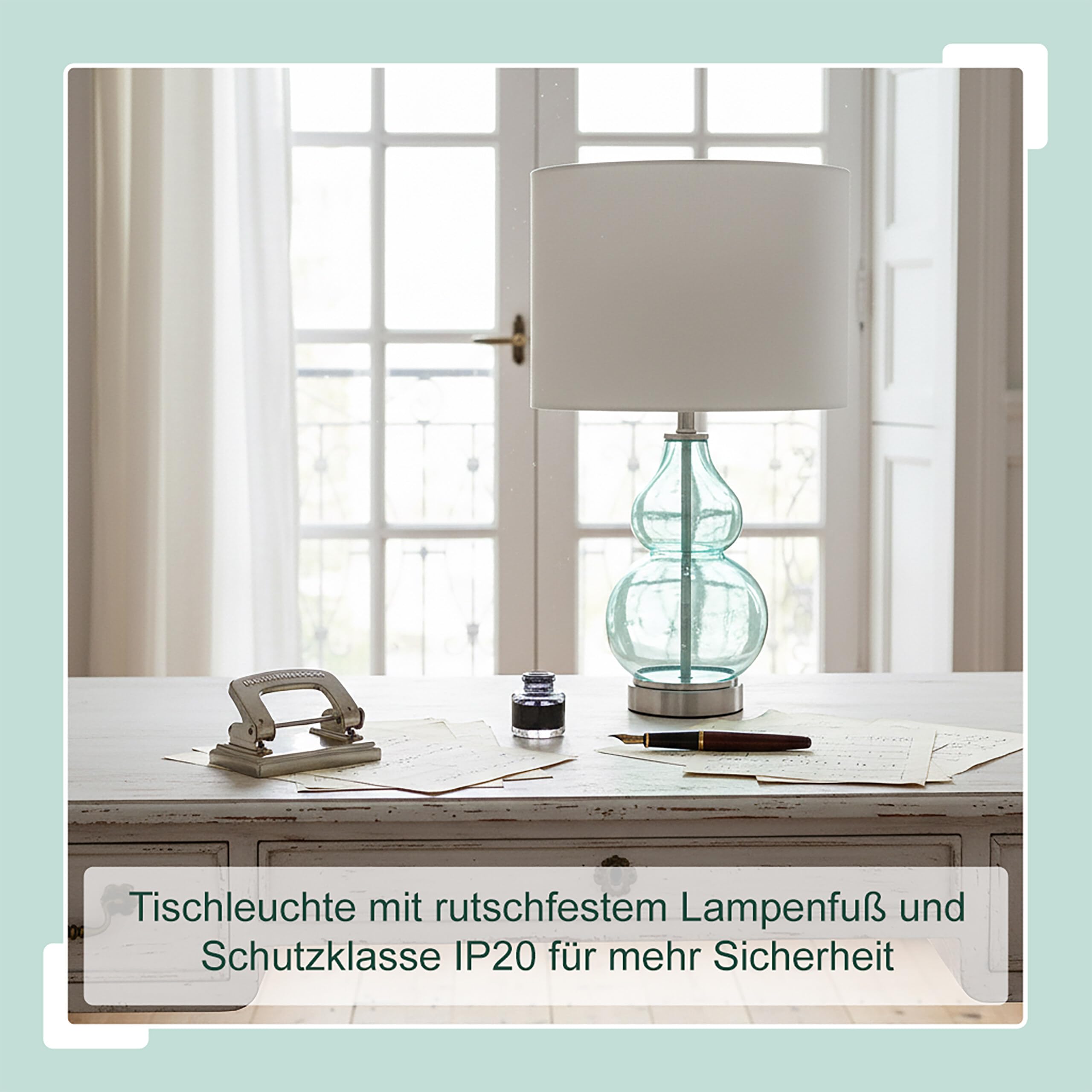Relaxdays Tischlampe, Glasfuß & Stoffschirm, E14, HxD: 44 x 26 cm, Nachttischlampe mit Kabel, Schlafzimmer, weiß/blau