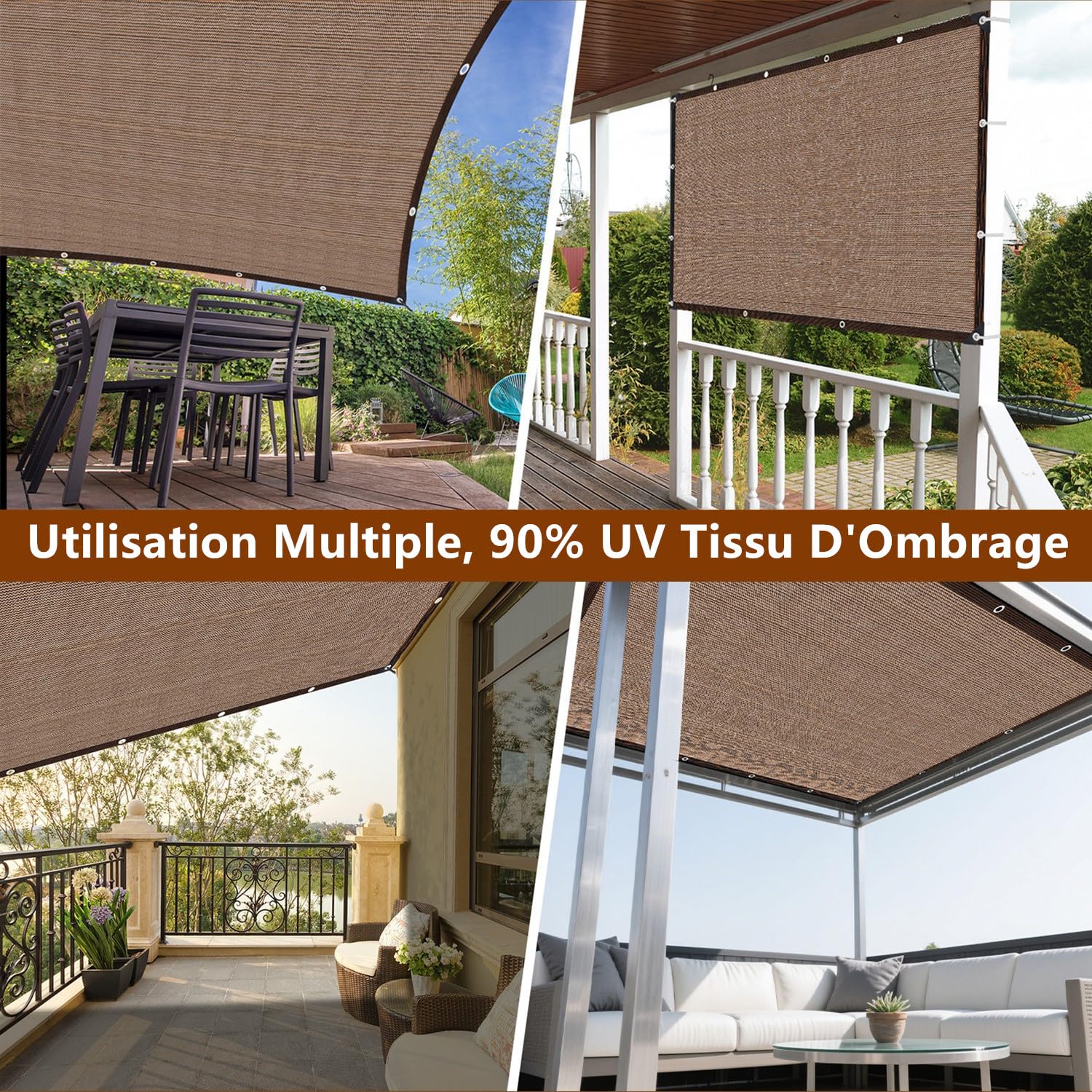 Filet D'ombrage avec œillets - Voile D'ombrage de Jardin - 3.5x4.5m - Filet Protection Solaire 90% UV - Toile Ombrage pour Plantes, Serre Terrasse Poulailler Coupe-Vent et Perméable à l'eau - Café