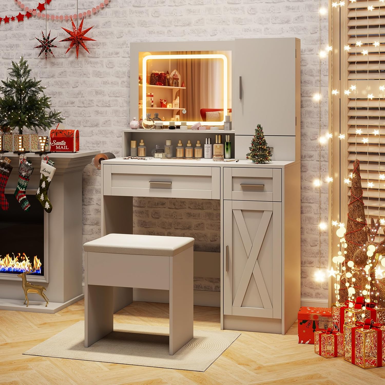COSTWAY Vanity Desk with Mirror and Lights, 35.5'' Farmhouse Dressing Table with Jewelry Cabinet, Charging Station, Storage Drawers, Padded Stool, White Makeup Vanity Set for Bedroom