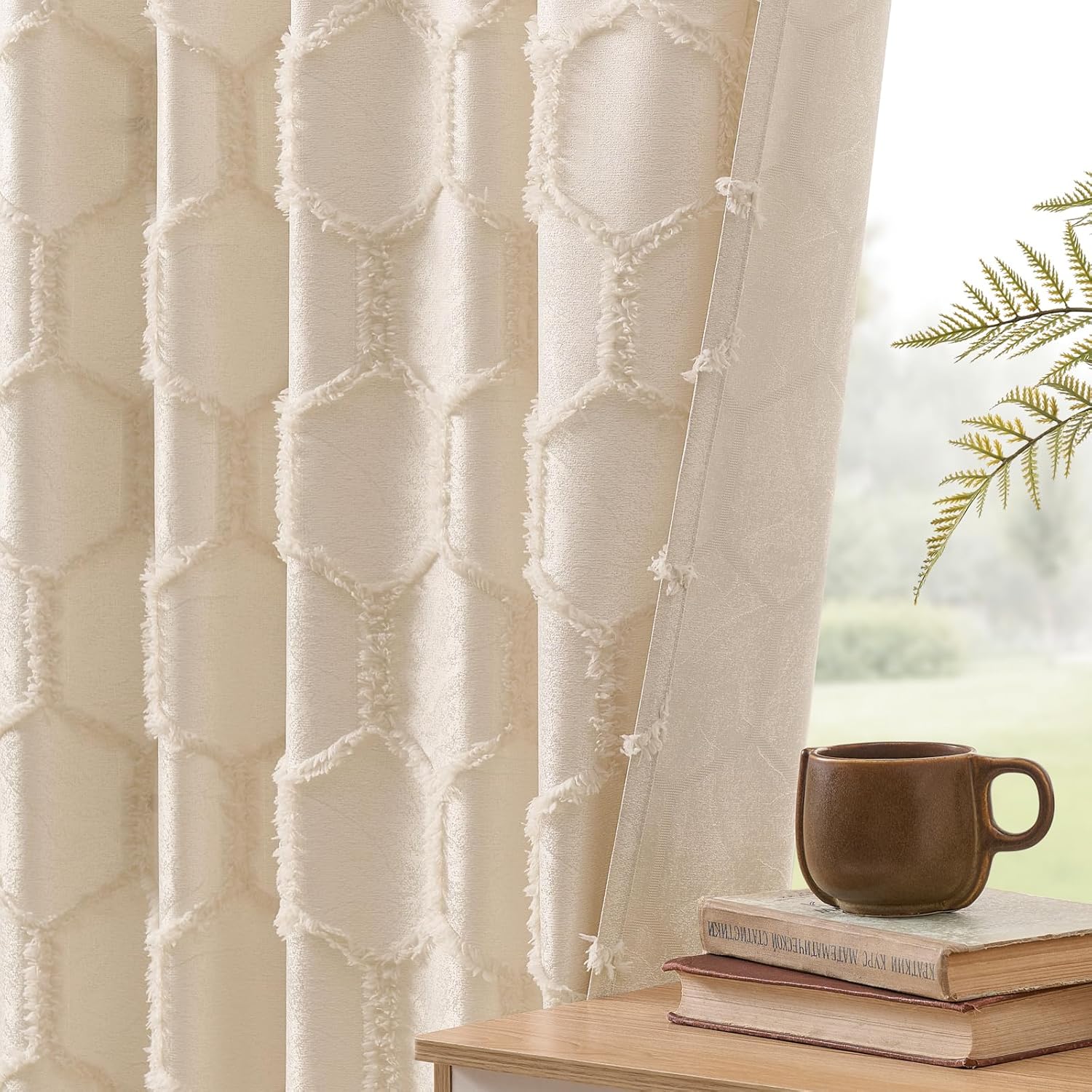 Geometric Cream Beige Curtains 63 Inch Length 2 Panels Fluffy Hexagon Curtains Rod Pocket Back Tab Jacquard Moroccan Tile Pattern Light Filtering Semi Sheer Lattice Drapes for Bedroom Nursery, 52x63