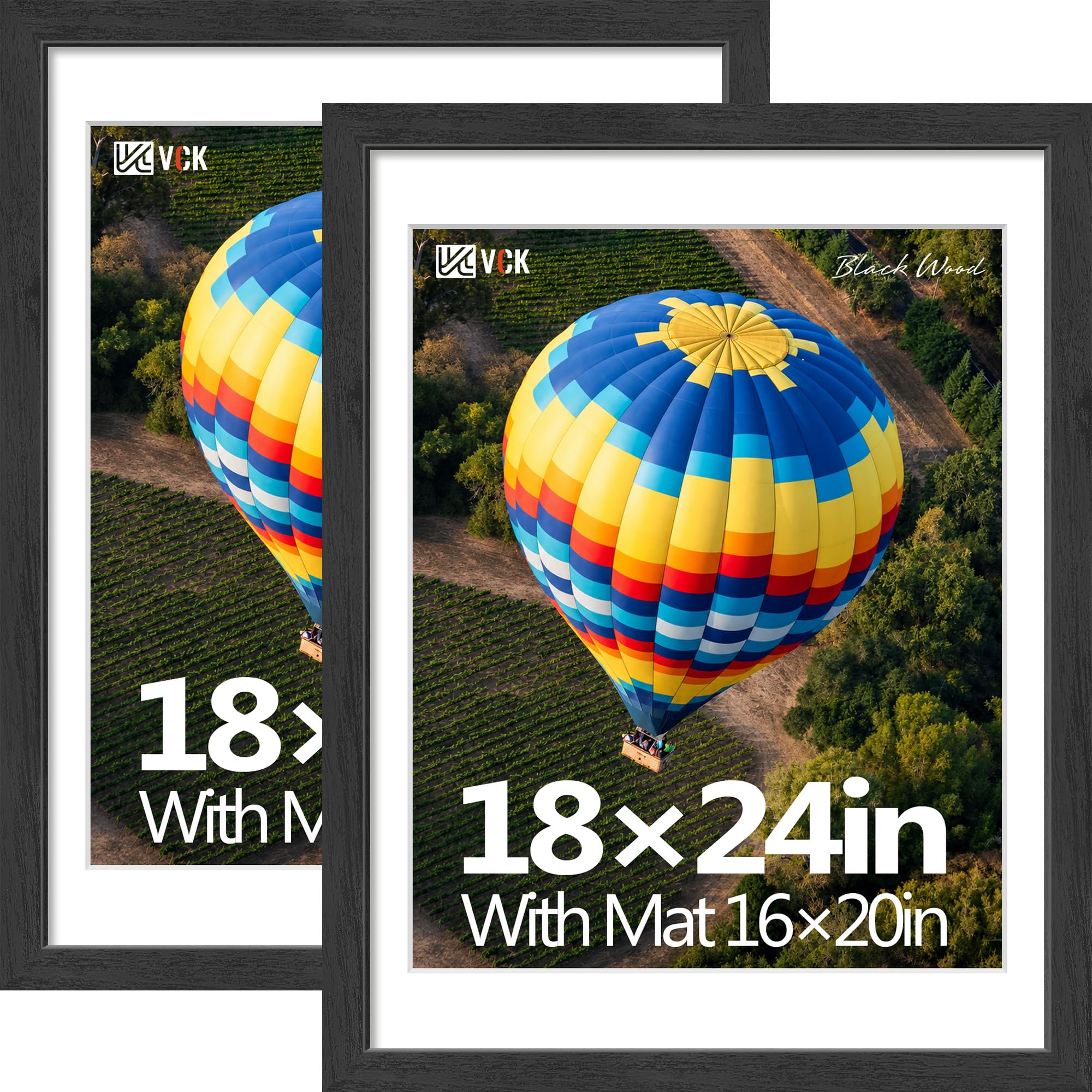 VCK 18x24 Frame 2 Pack, Black Exclusive Wood, 16x20 Mat, for Picture
