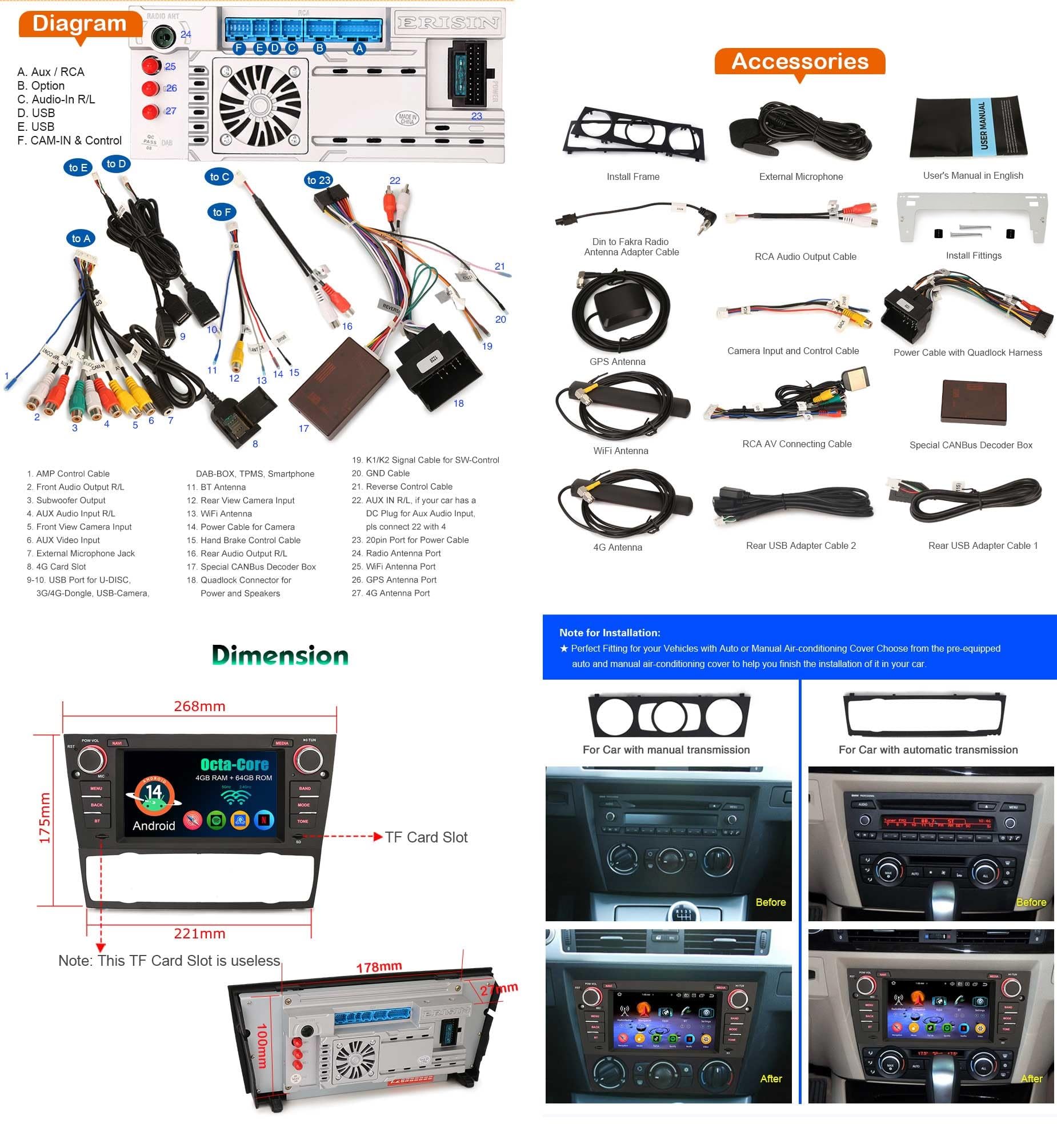 Erisin 8 Kern Android 14 DAB+ Autoradio 4GB+64GB Bluetooth Für BMW 3er E90 E91 E92 E93 M3 mit GPS Navigation Unterstützt Drahtloses CarPlay Android Auto WiFi 4G DSP USB FM RDS Radio 7 Zoll Bildschirm