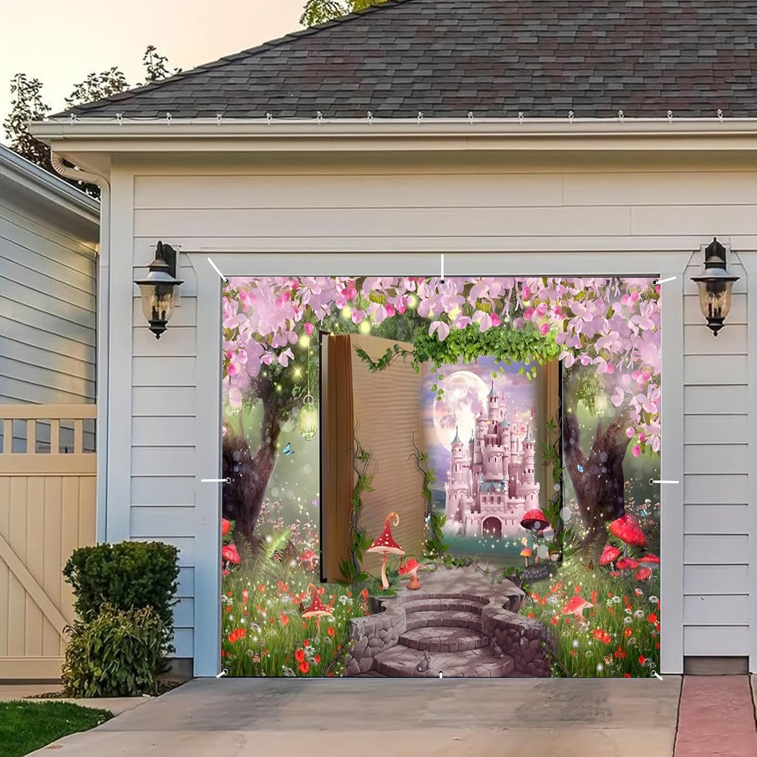 Enchanted Forest Garage Door Cover Banner Decorations Backdrop 7x8ft Fairytale Book Pink Castle Flowers Mushroom Garage Door Cover Outdoor Wedding Birthday Party Baby Shower Garage Door Props