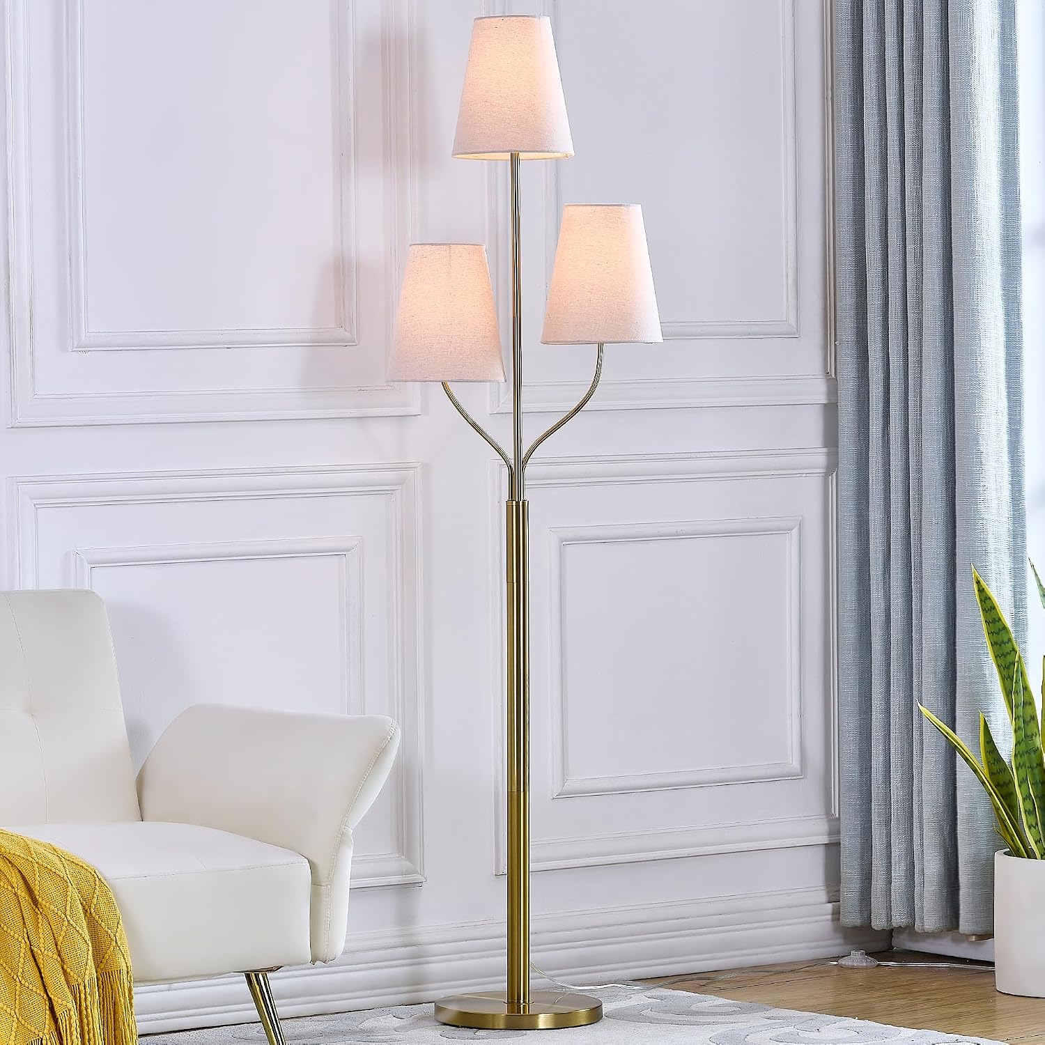 Maxax 3 Lights Brass Gold Floor Lamp for Living Room, Modern 65" Tall Standing Tree Lamp with 3 White Shade for Bedroom Office