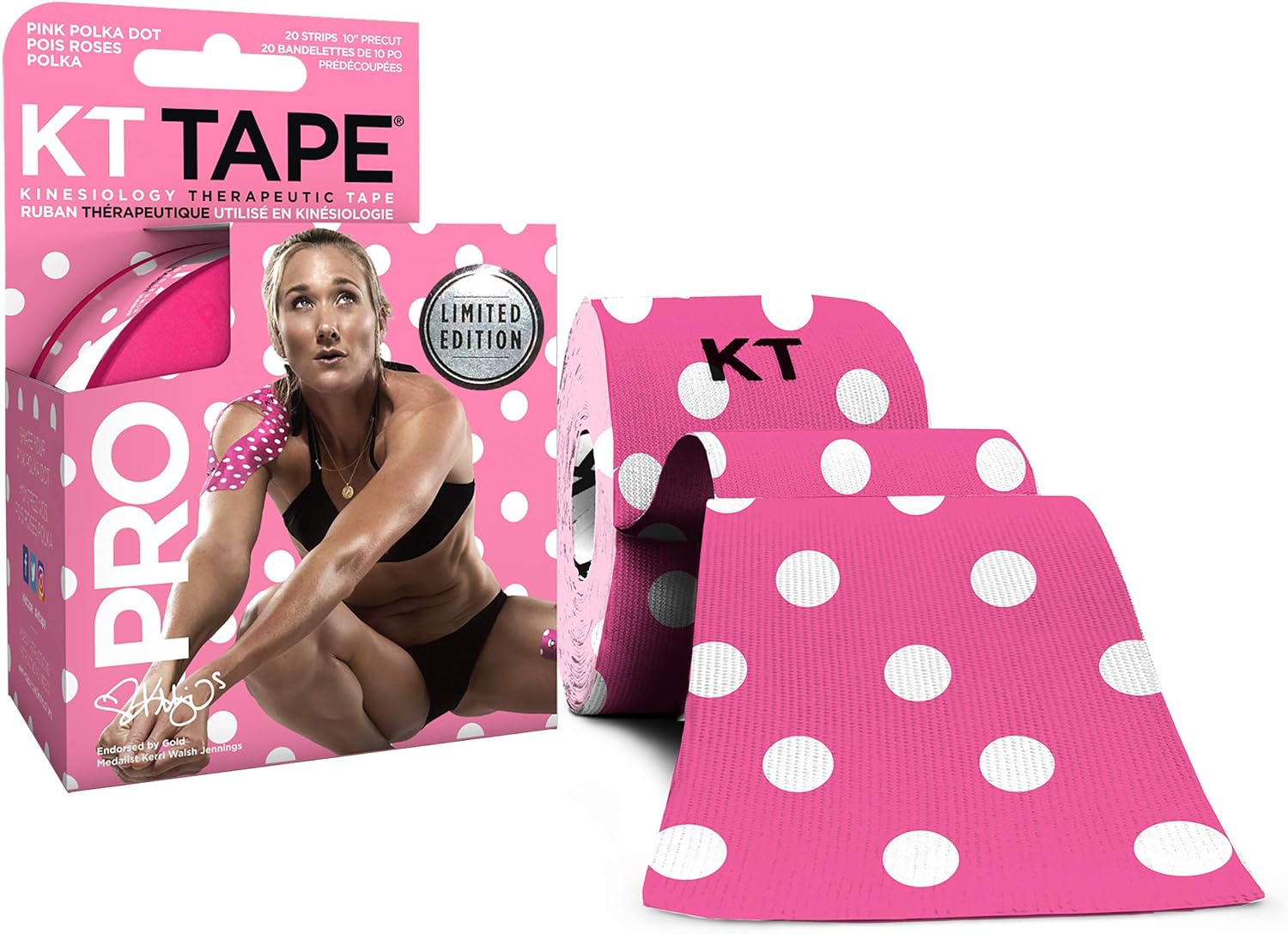 Hottest Sales KT Tape Pro Kinesiology Therapeutic Sports Tape, 20 Precut 10 inch Strips, Latex Free, Water Resistance, Pro & Olympic Choice, Pink Polka Dots