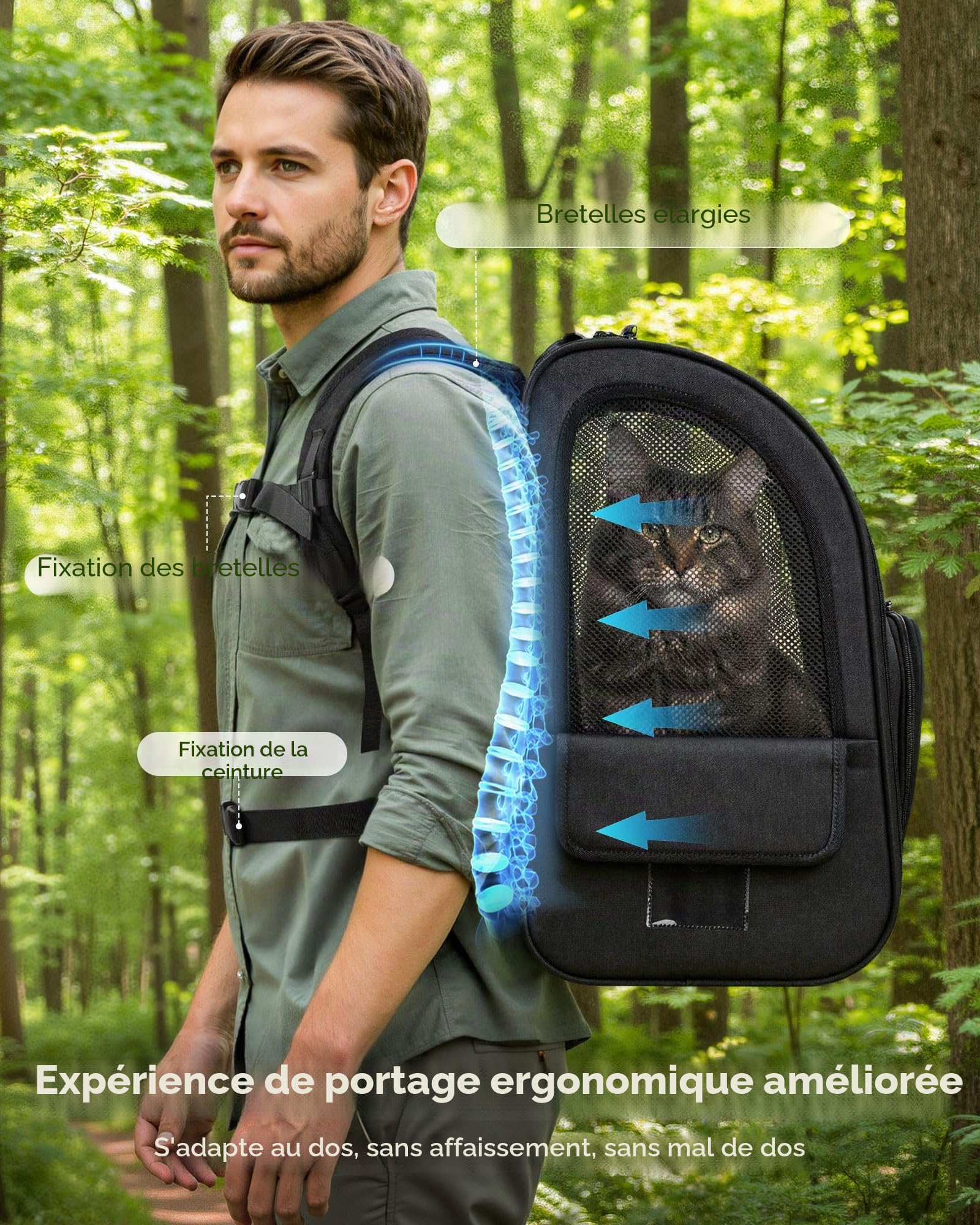 pecute Sac à Dos Chat Chien Respirant Grand, Sac Transport Chat, Noir | Confortable Sac Transport pour Chien , Stable Sac à dos Chien avec Laisse de Sécurité Intérieure et Tapis pour Voyage