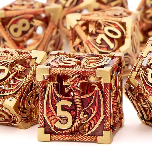 KERWELLSI Juego de dados de metal huecos DND con caja 7 piezas de dados poliédricos de DD de Calabozos y Dragones rojos dorados de 20 lados D y D DD