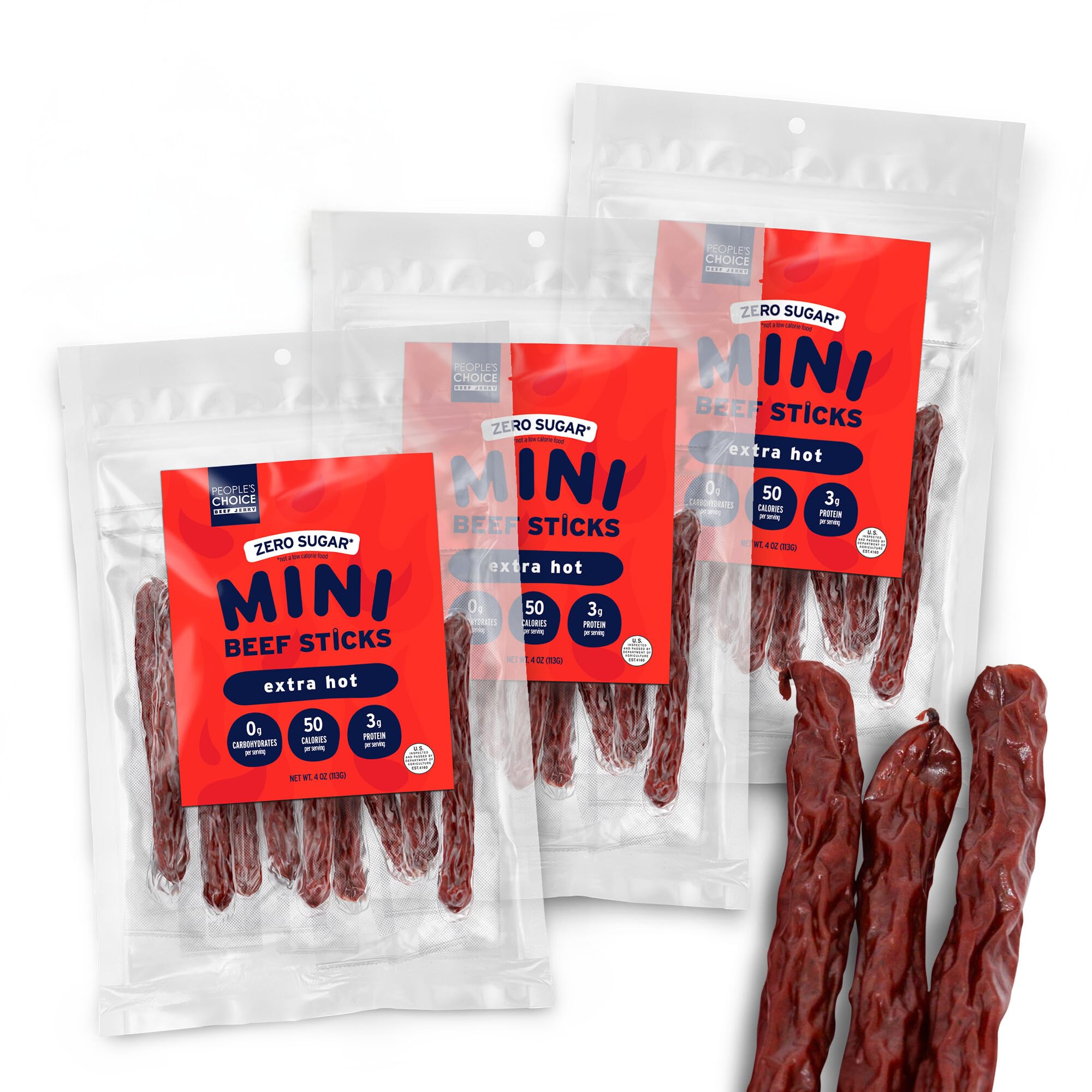People's Choice Beef JerkyMini Beef Sticks - Extra Hot Jerky Sticks - High Protein Snack for Adults - Zero Sugar and Zero Carb Keto Snack - Individually Wrapped - 4.0 Ounce Bag (Pack of 3)
