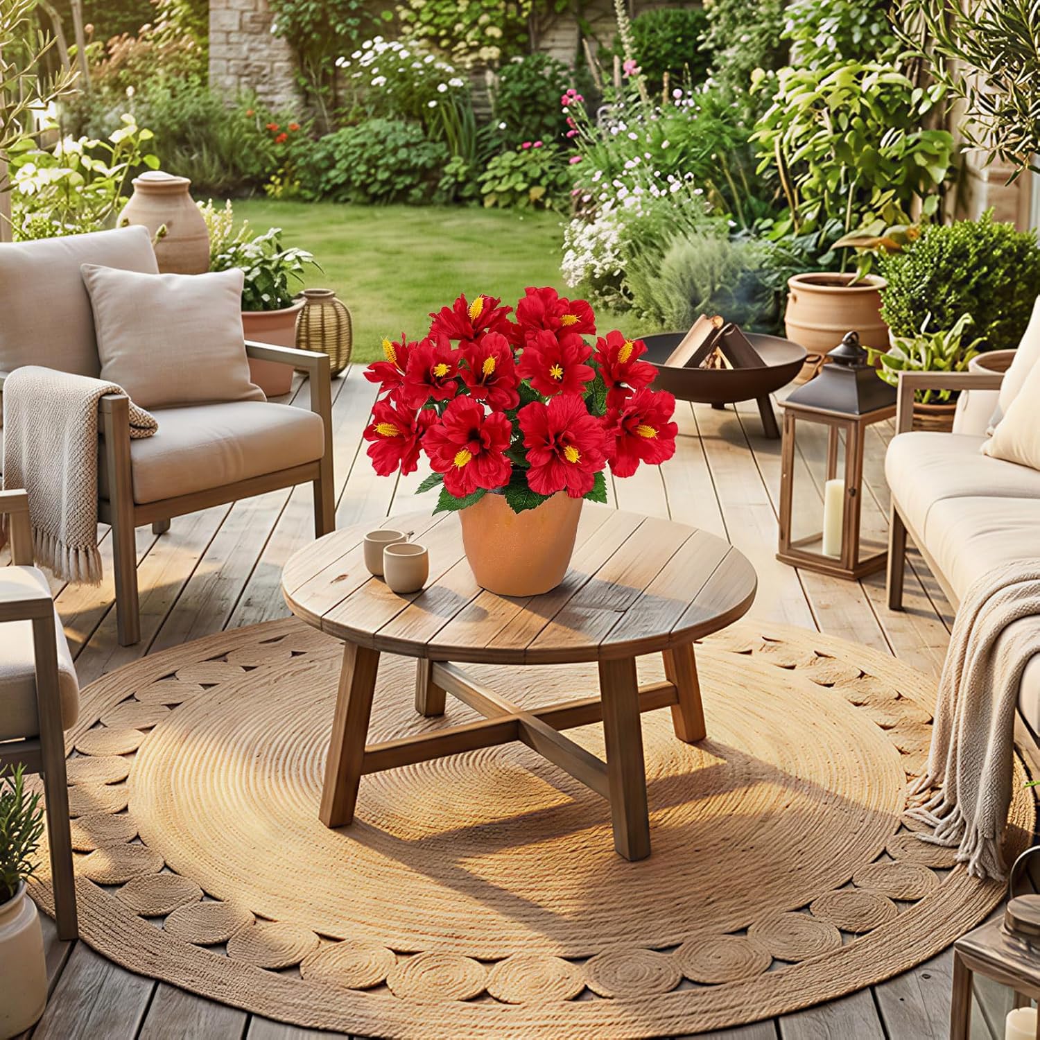 Briful Artificial Hibiscus Flowers in Pot, 14.1" Faux Tropical Flower Plant for Outdoor Porch, Potted Red Hibiscus Tabletop Decor for Living Room, Dining Table, Kitchen, Office, Indoor Home Décor