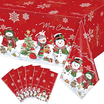 FunnyPars 6Pcs Christmas Snowman Tablecloth,Plastic Christmas Snowman Snowflake Winter Table Cover with Xmas Tree for Winter Holiday Themed Party Decorations and Supplies,54x 108inchRed