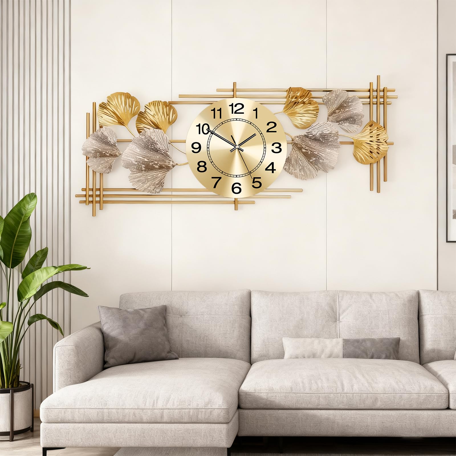 Horloge murale ginkgo en métal haut de gamme relief 3D pour chambre et séjour