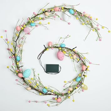6FT Prelit Easter Egg Garland Artificial Spring Pastel Egg Twig Vine with 20 Battery Operated LED Lights for Doors,Mantle,Table,Windowsill and Home Decor