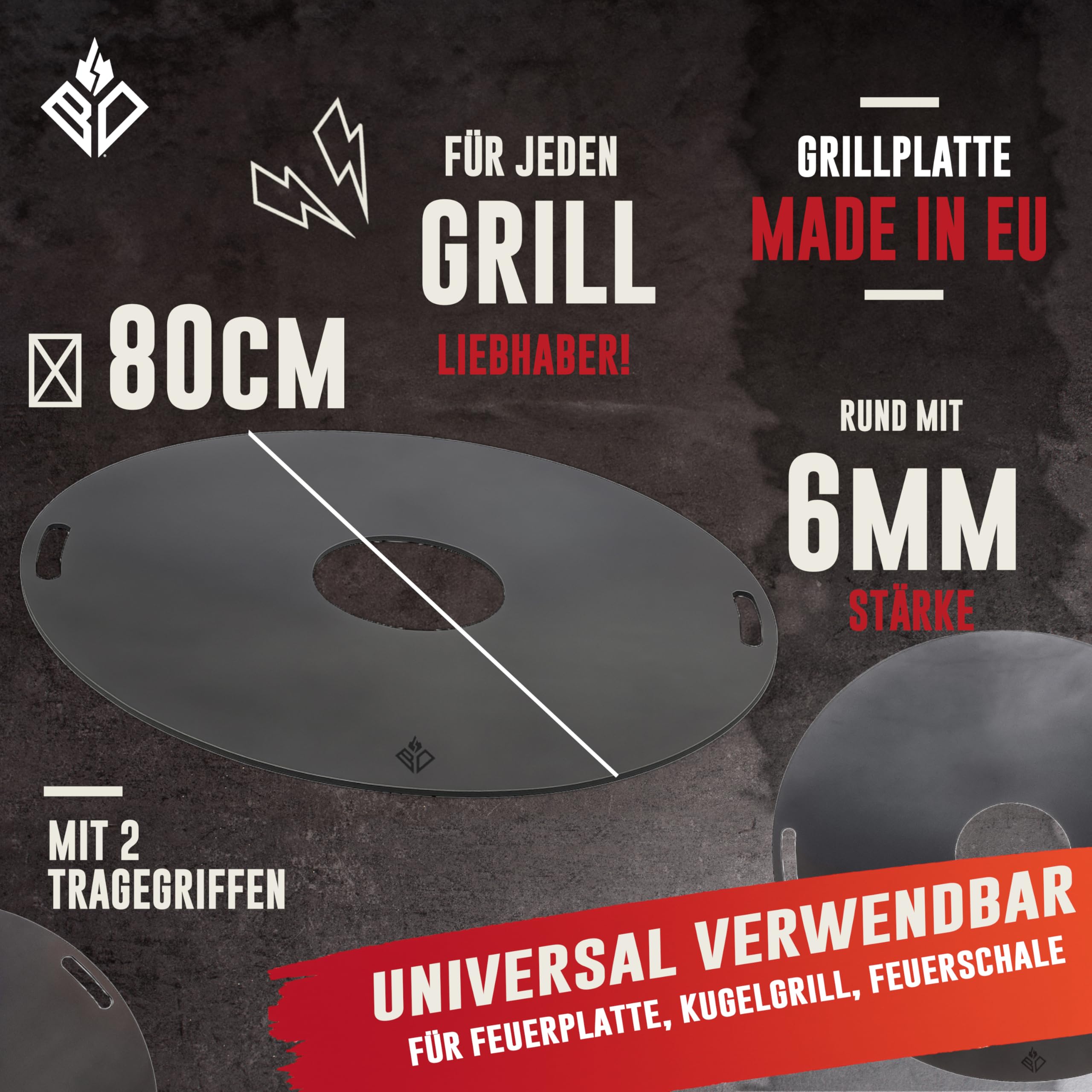 Feuerplatte für Feuertonne & Kugelgrill ⌀ 80cm (Made IN Europe) aus legiertem Stahl (6mm Stärke) - Grillplatte & Grillaufsatz (rund) mit Feuerloch & Handgriffe - BBQ Grillring