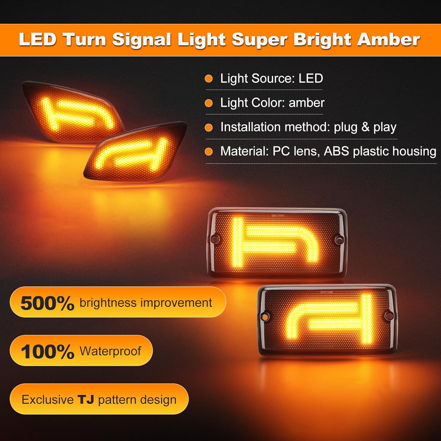 Brighter TJ LED Turn Signal Lights and Side Marker Lights with Cool TJ Shape, Front Turn Signal Lamps Fender Side Markers Lights with Smoked Lens Covers Fit for Wrangler TJ 1997-2006, Plug & Play